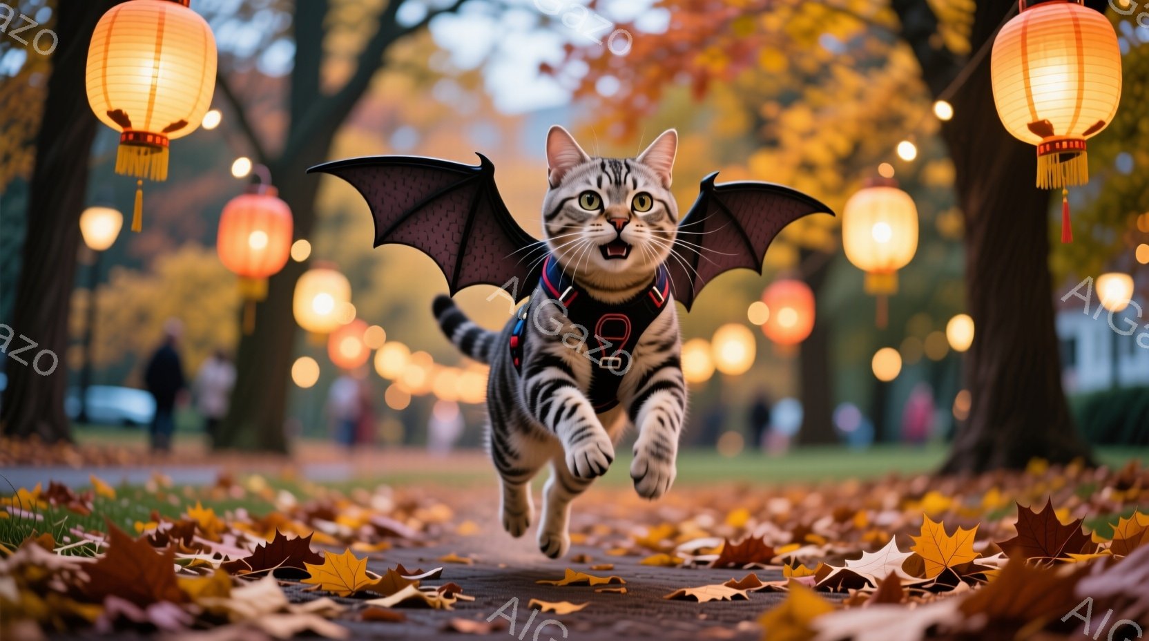 白と黒の縞模様の猫が、翼のようなものを装着して、落ち葉が散らばる遊歩道を走り去る姿が捉えられています。背景には木々が立ち並び、暖色系の提灯が吊るされ、秋の穏やかで幻想的な雰囲気を醸し出しています。猫は口を開け、興奮した表情で、躍動感あふれる瞬間を切り取っています。