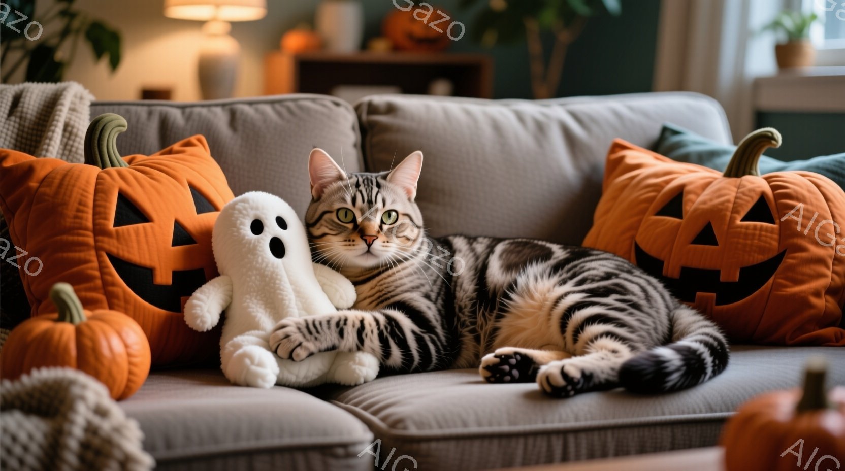 ソファに横たわる縞模様の猫が、白いお化けのぬいぐるみと寄り添っている。背景にはハロウィーンの装飾が施されたクッションやカボチャが置かれ、暖かく落ち着いた家庭的な雰囲気が漂っている。猫の表情はリラックス - AI生成フリー素材