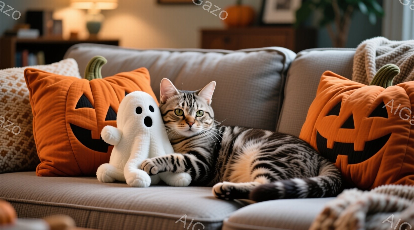 ソファの上で、縞模様の猫がリラックスして横たわっています。猫は白いお化けのぬいぐるみと寄り添い、オレンジ色のハロウィーンのパンプキン柄クッションに囲まれています。背景には家具が見え、暖かく穏やかな家庭 - AI生成フリー素材