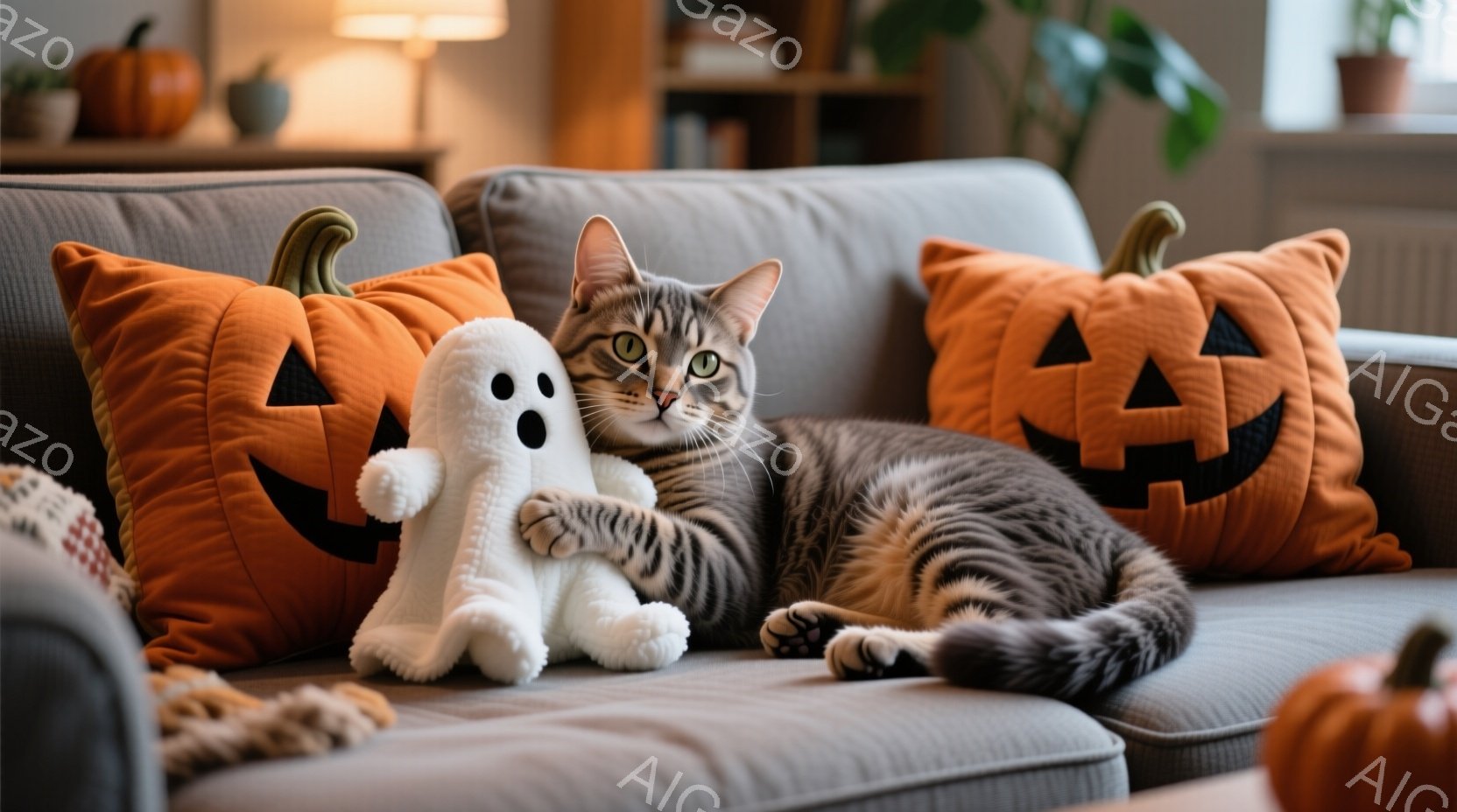 縞模様の猫が、ハロウィーンをテーマにしたオレンジ色のジャック・オー・ランタンのクッションに囲まれた灰色のソファに横たわっています。猫は白いお化けのぬいぐるみをつかみ、リラックスした表情でカメラを見てい - AI生成フリー素材