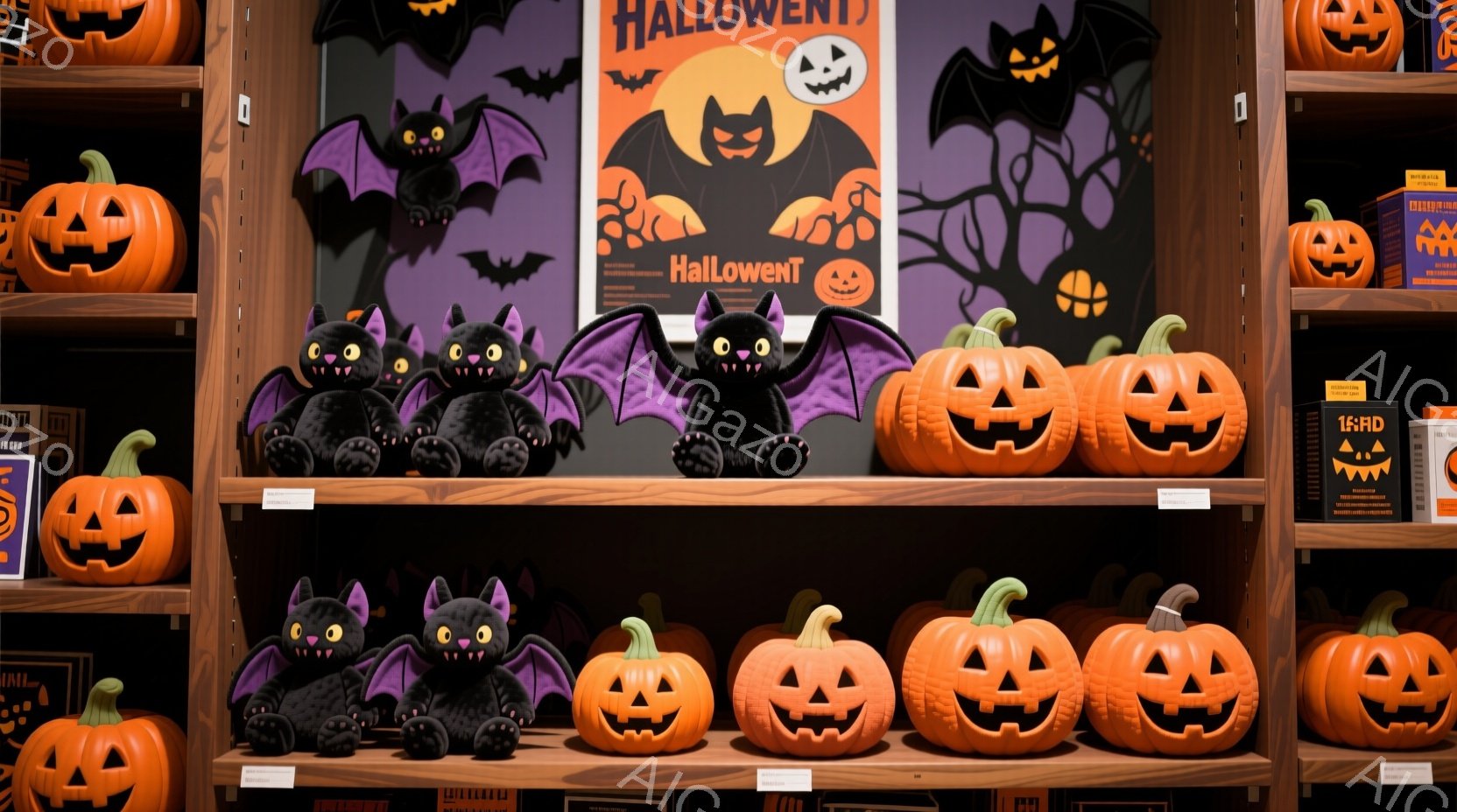 本棚には、ハロウィーンをテーマにした装飾品が整然と並べられています。黒いコウモリのぬいぐるみがいくつかあり、その間にはオレンジ色のジャック・オー・ランタンが並んでいます。背景には、コウモリが描かれたハロウィーンのポスターがあり、全体的に不気味で祝祭的な雰囲気が漂っています。