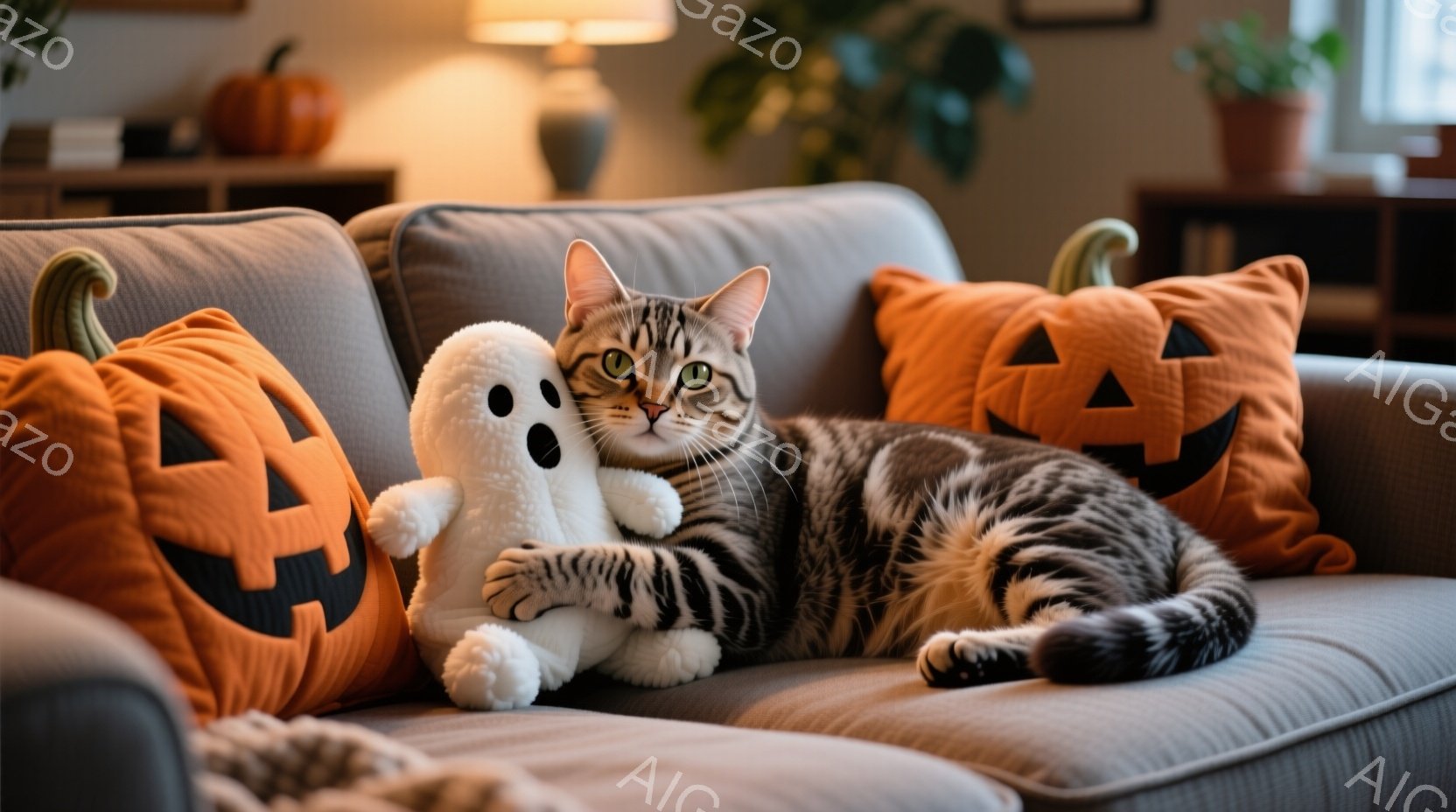 ソファの上で、縞模様の猫が白いお化けのぬいぐるみと戯れています。猫はリラックスした姿勢で横になり、前足でぬいぐるみを抱きしめています。背景にはハロウィンのカボチャ柄のクッションと植物があり、暖かく穏や - AI生成フリー素材