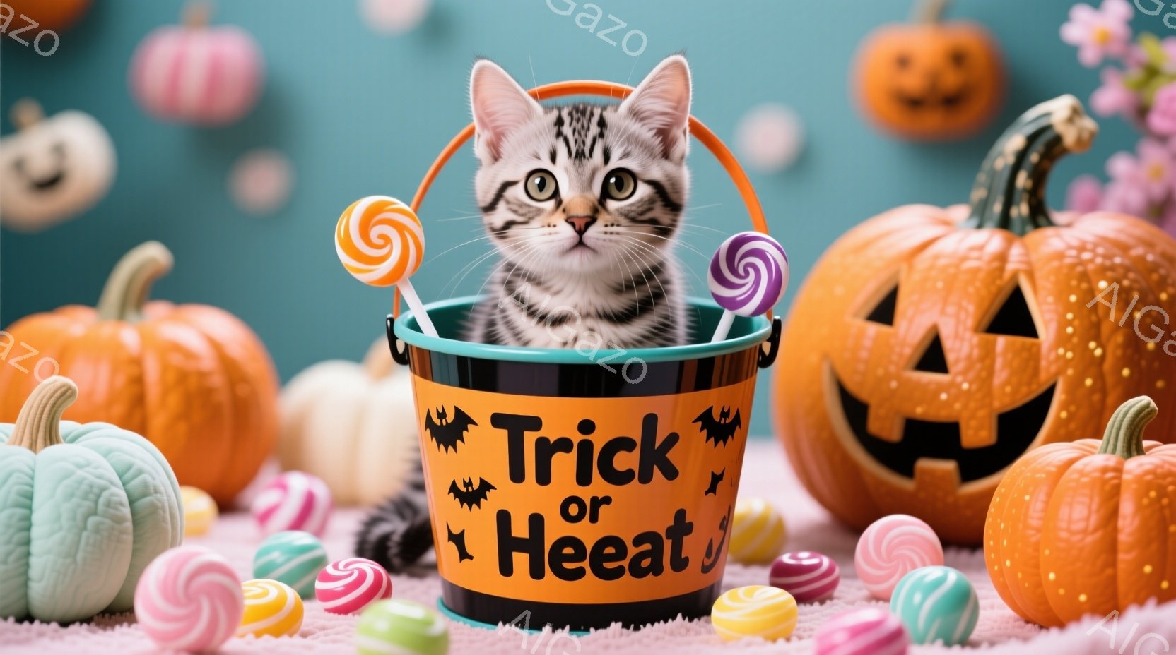 オレンジと緑のハロウィーン風の背景に、子猫が「トリック・オア・トリート」と書かれたバケツの中に座っています。子猫は縞模様で、好奇心と少しの警戒心を表した表情をしています。バケツの周りにはキャンディが散らばっており、ハロウィーンの楽しい雰囲気を醸し出しています。