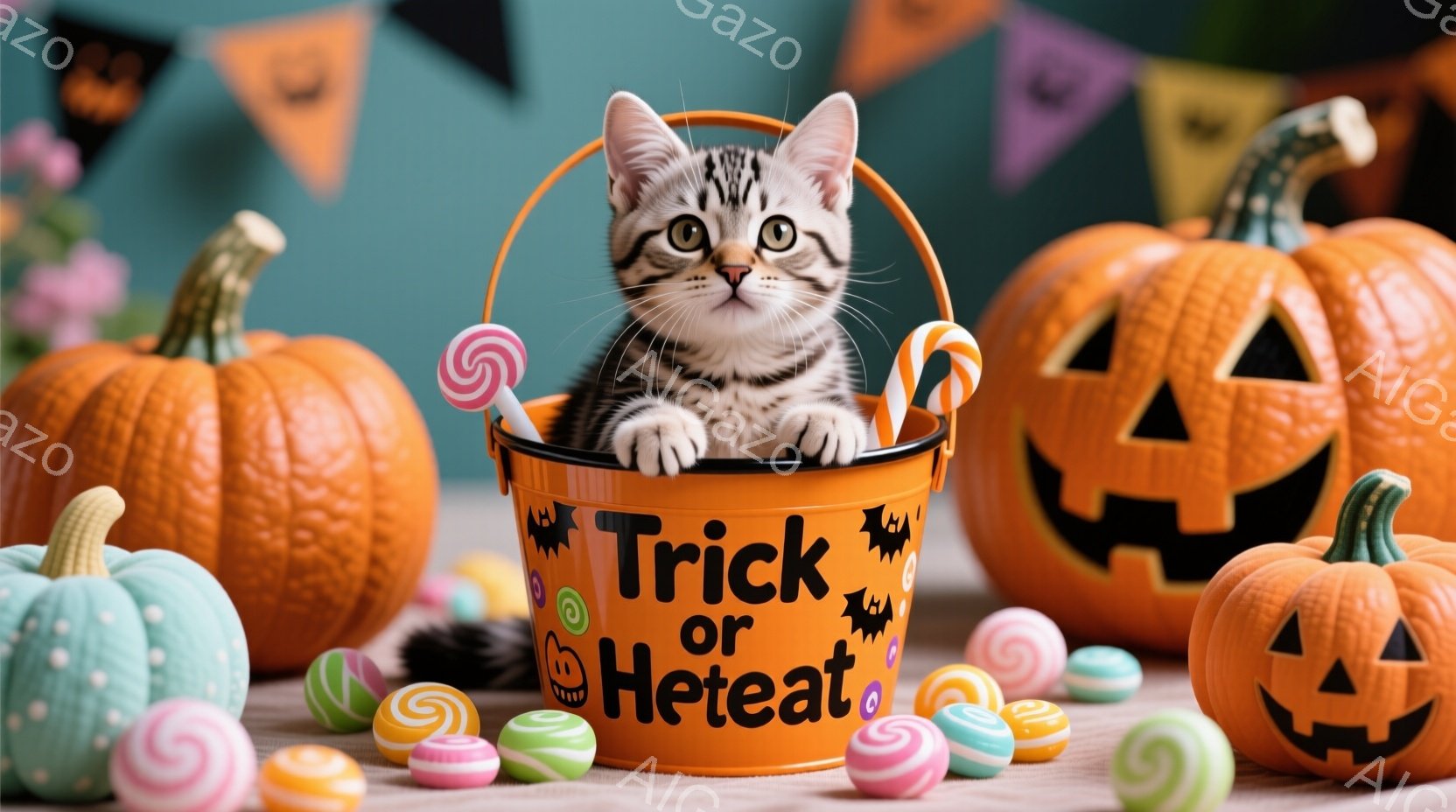 オレンジ色のハロウィーンのバケツの中に、縞模様の子猫が座っています。子猫は好奇心と少しの戸惑いを見せる表情でカメラを見つめており、その周りにはカラフルなキャンディーが散らばっています。背景には、さまざまな表情の彫刻されたカボチャと、ハロウィーンの旗が飾られています。
