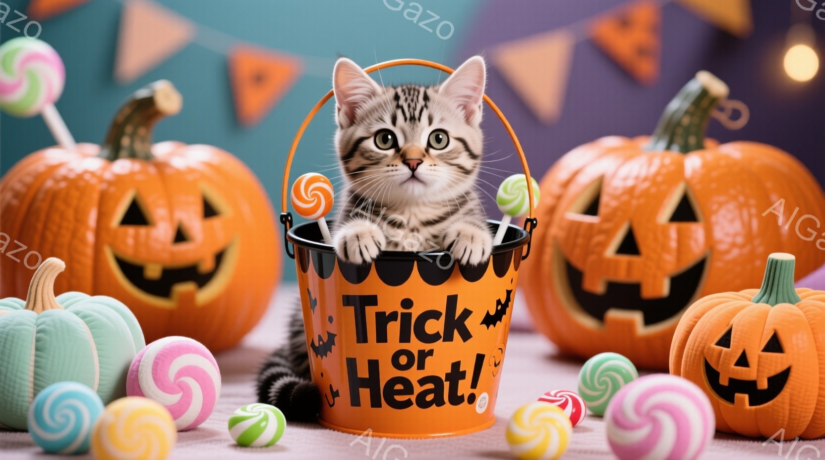 オレンジ色の「トリック・オア・トリート」と書かれたバケツの中に、縞模様の小さな子猫が座っており、興味深そうにカメラを見つめている。バケツの周りには、オレンジと緑のジャック・オ・ランタンや渦巻き状のキャ - AI生成フリー素材