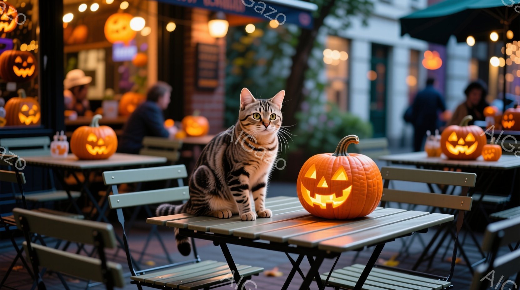 白と黒の縞模様の猫が、ハロウィーンの装飾が施された屋外のカフェのテーブルに座っています。背景には、カボチャのランタンが飾られた建物と、ぼんやりと見える人々がいます。夜間の暖かく、お祝いムードに満ちた、 - AI生成フリー素材