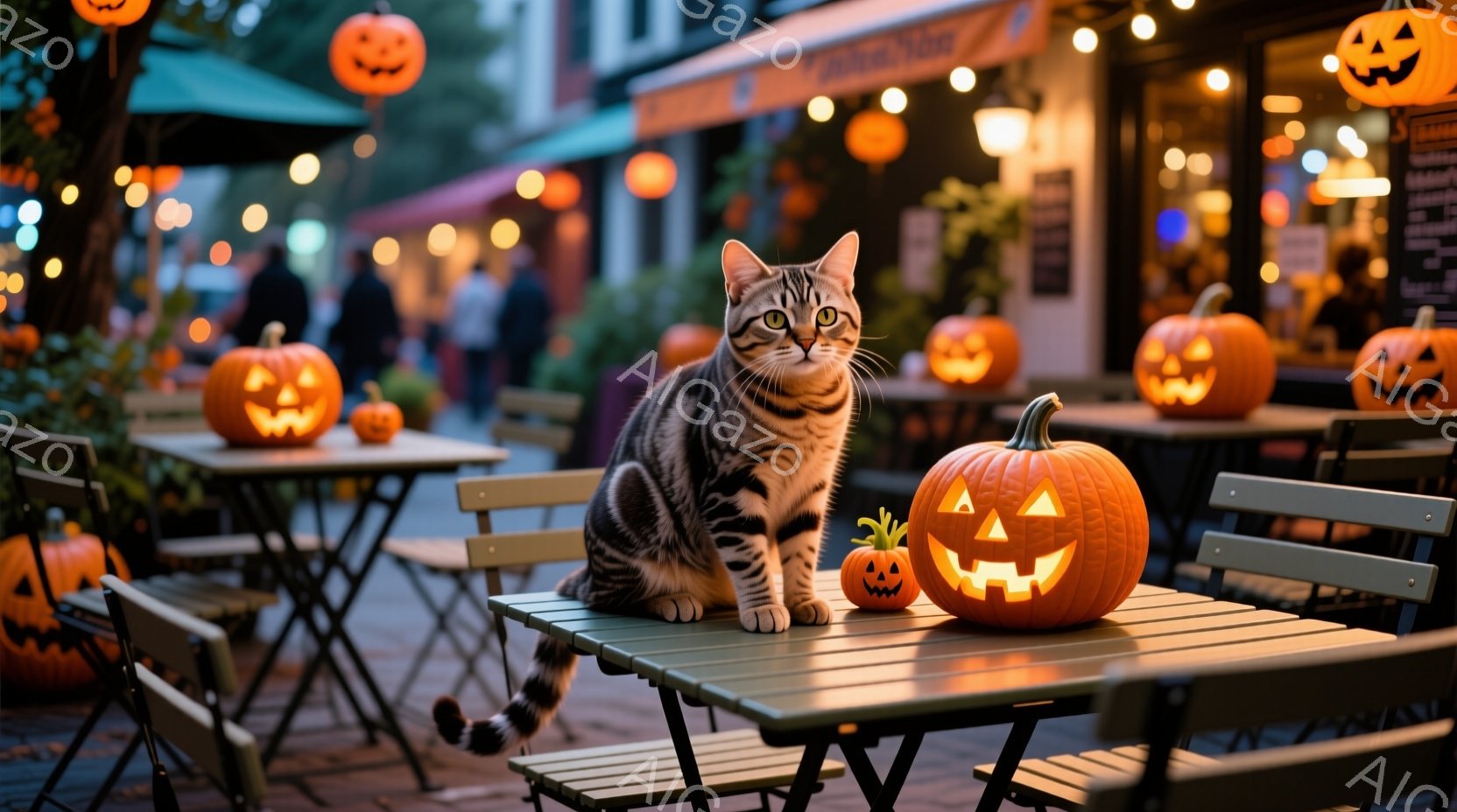 白と黒の縞模様の猫が、ハロウィンのカボチャに囲まれた屋外のカフェのテーブルに座っています。背景にはぼやけた人々と建物があり、暖色の光が全体を照らし、秋の夜の温かくお祝いの雰囲気を作り出しています。カボ - AI生成フリー素材