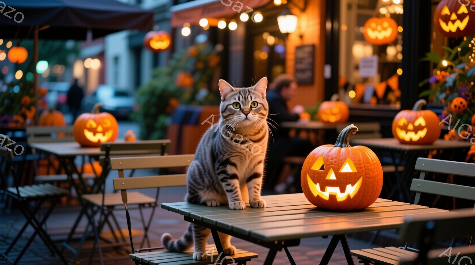 屋外のカフェのテーブルに座っている灰色の縞模様の猫が写っています。背景にはハロウィーンの装飾が施された建物があり、オレンジ色のカボチャのランタンがテーブルやカフェの窓に並べられています。全体的に、秋の - AI生成フリー素材