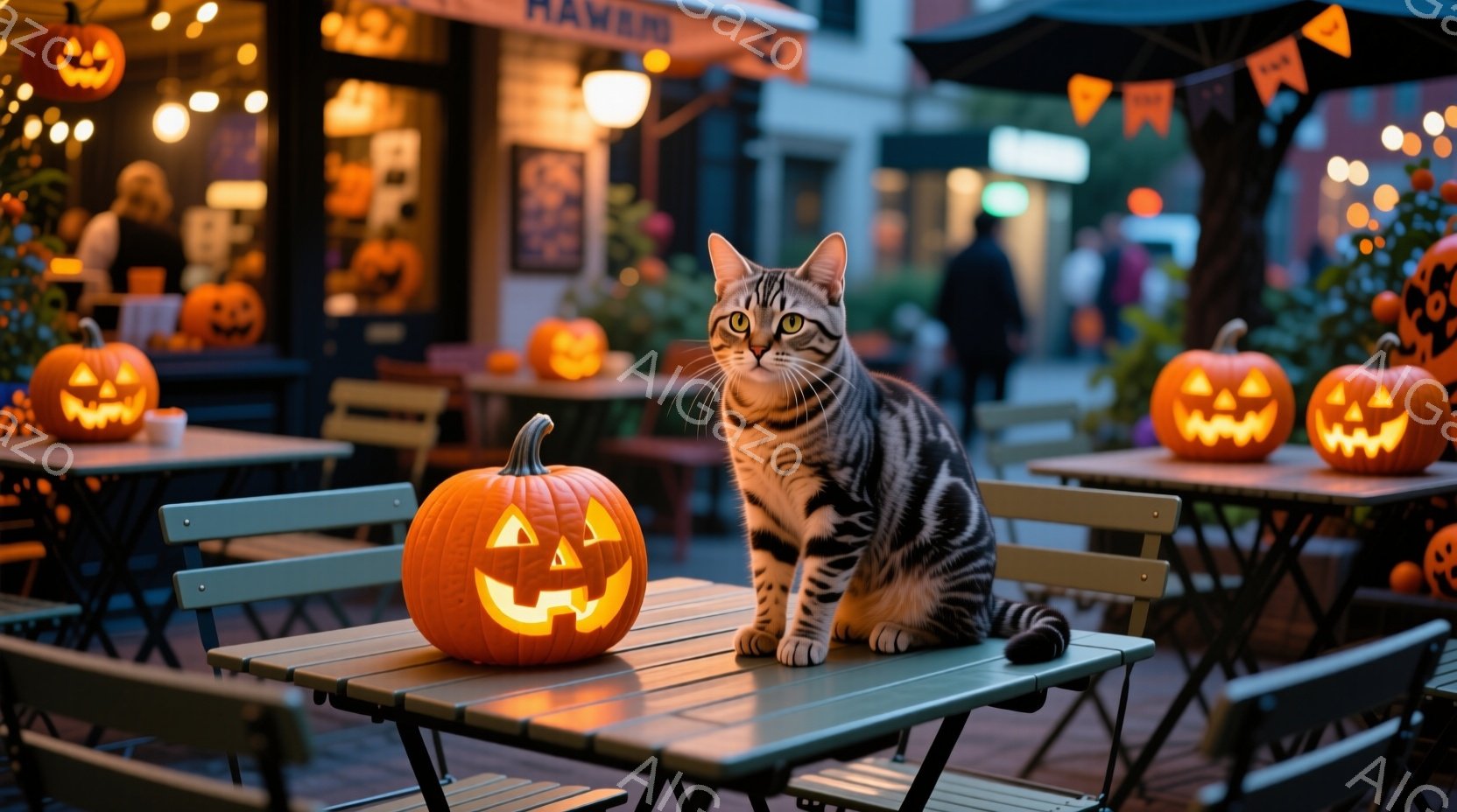 屋外のカフェのテーブルに、縞模様の猫が座っています。周りにはハロウィーンの飾りが施されたカボチャが置かれ、ぼんやりとした光がカフェ全体を照らしています。背景には、人々が歩いている様子が見え、夜のハロウ - AI生成フリー素材