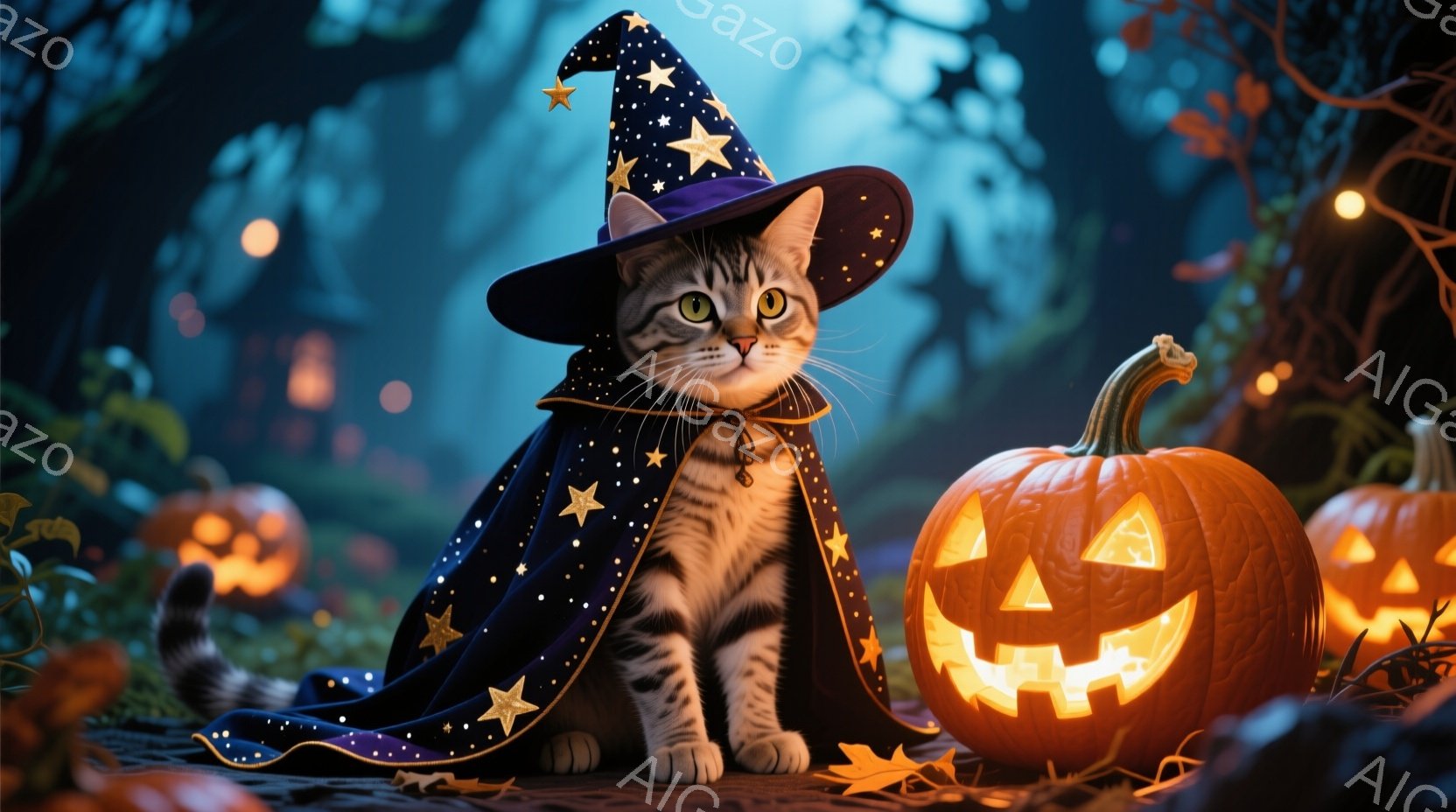 灰色の縞模様の猫が、星が刺繍された黒いマントと先のとがった帽子を身に着けて座っています。猫は前足を揃えており、少し微笑んでいるように見え、ハロウィーンの雰囲気を醸し出しています。背景には、光るジャック - AI生成フリー素材