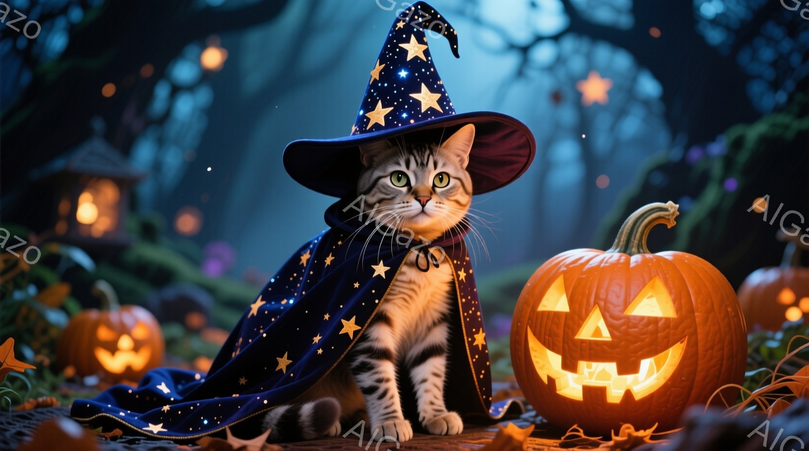 白と灰色の縞模様の猫が、星が散りばめられた青い魔法使いの帽子とマントを身に着けて座っています。背景には、さまざまな大きさのジャック・オ・ランタンが並び、秋の葉が散らばっています。暗い森の中を照らす、お化けのような、幻想的な雰囲気です。