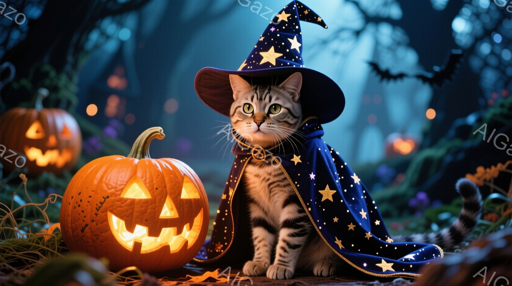 茶色の縞模様の猫が、星が散りばめられた青い魔法使いの帽子とマントを身に着けて座っています。猫は正面をまっすぐ見つめ、落ち着いた表情をしています。背景には、不気味な光を放つジャック・オー・ランタンと、暗 - AI生成フリー素材