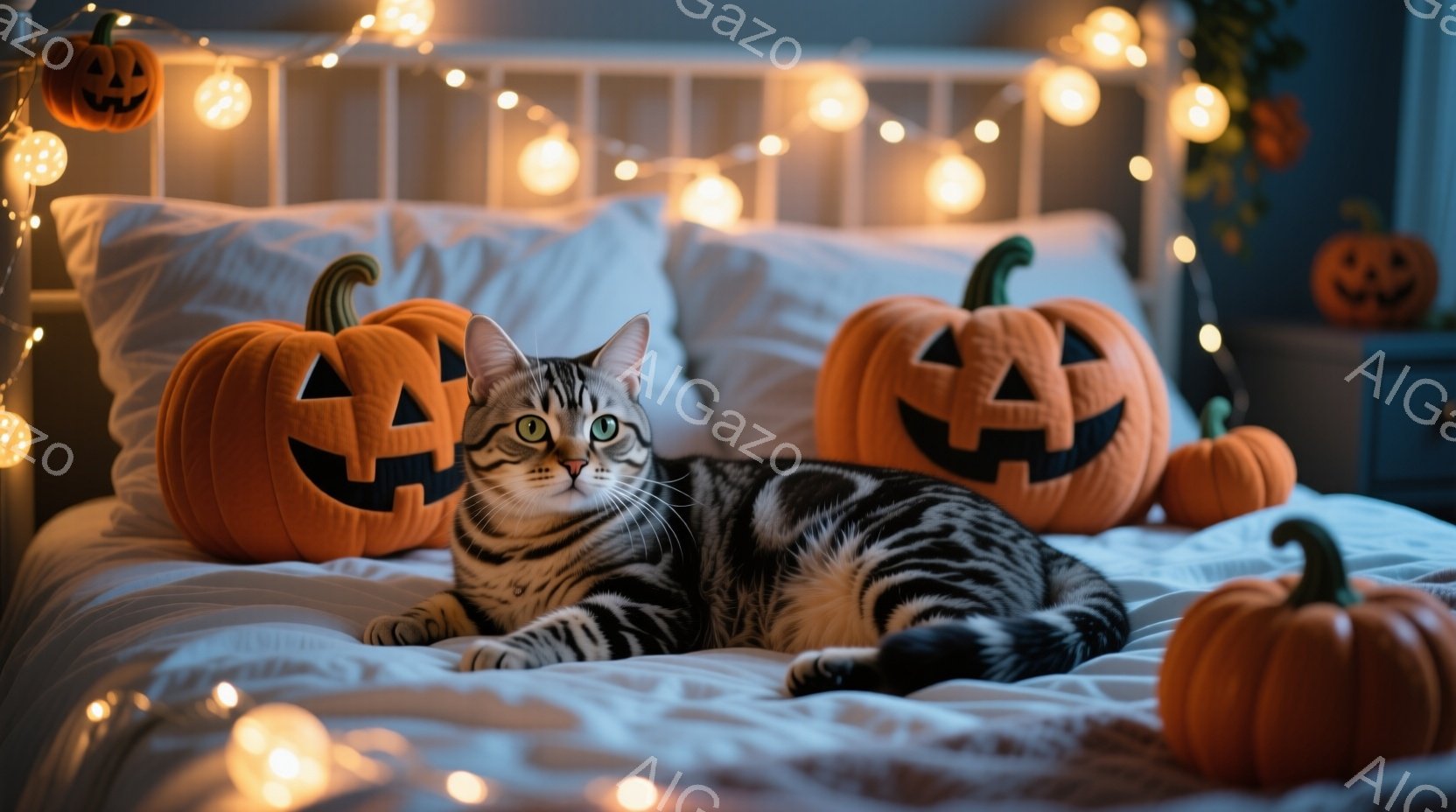 縞模様の猫がベッドの上で横たわっており、ハロウィーンの飾りであるジャック・オー・ランタンに囲まれています。猫はリラックスした様子で、カメラの方を見ており、背景にはぼんやりと家具が見えます。全体的に暖か - AI生成フリー素材