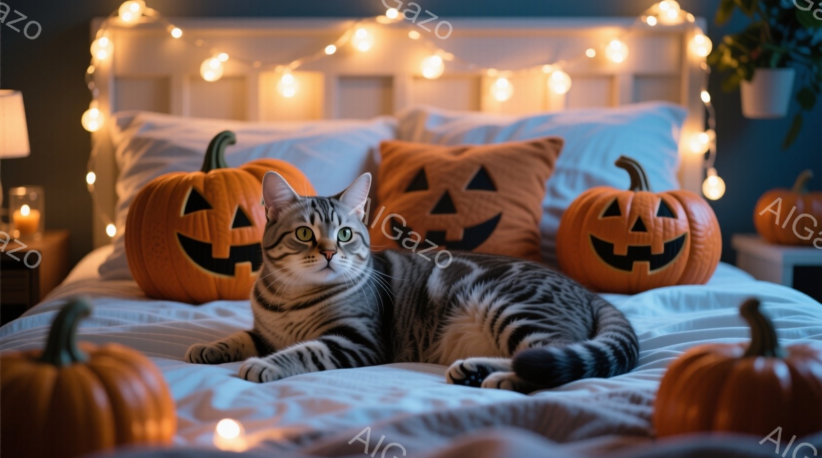 縞模様の猫がベッドに横たわっており、背景にはハロウィーンの装飾であるジャック・オー・ランタンのクッションと小さなカボチャが並んでいる。ベッドは白く、暖色の照明が周囲を照らし、リラックスした心地よい雰囲 - AI生成フリー素材