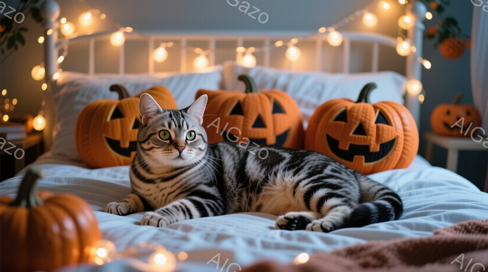 灰色の縞模様の猫がベッドに横たわり、ハロウィーンの装飾であるジャック・オー・ランタンに囲まれています。ベッドは白いシーツで覆われ、背景にはオレンジ色の電球ライトが暖かく光り、心地よい雰囲気を醸し出して - AI生成フリー素材