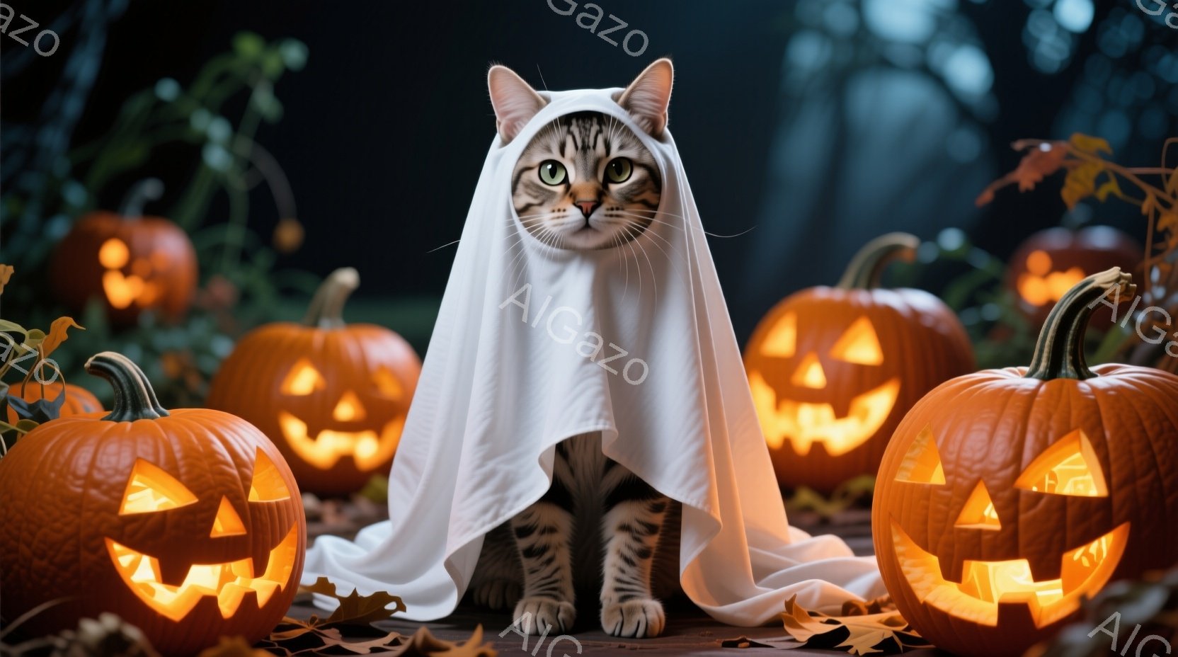 縞模様の猫が白い布を被って座っており、ハロウィーンの衣装を着ているように見える。周囲には彫刻が施されたジャック・オ・ランタンが並び、地面には落ち葉が散らばっている。暗い背景と明るく照らされたカボチャの - AI生成フリー素材