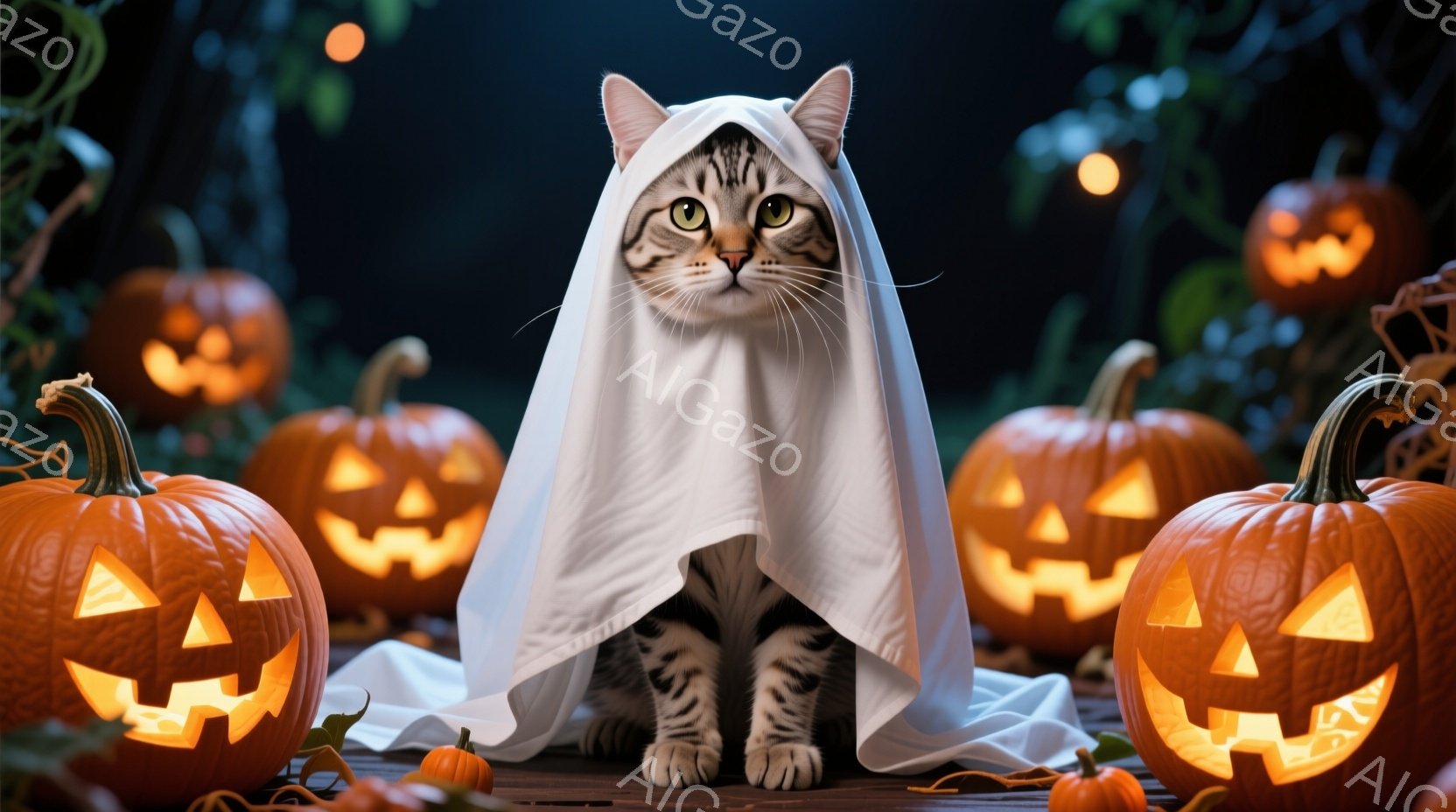 縞模様の猫が白い布を羽織り、ハロウィーンの衣装を着ている。背景には、様々な大きさのジャック・オー・ランタンが並び、暗い森の中の不気味な雰囲気を醸し出している。全体的に、夜のハロウィーンの楽しさと少しの - AI生成フリー素材