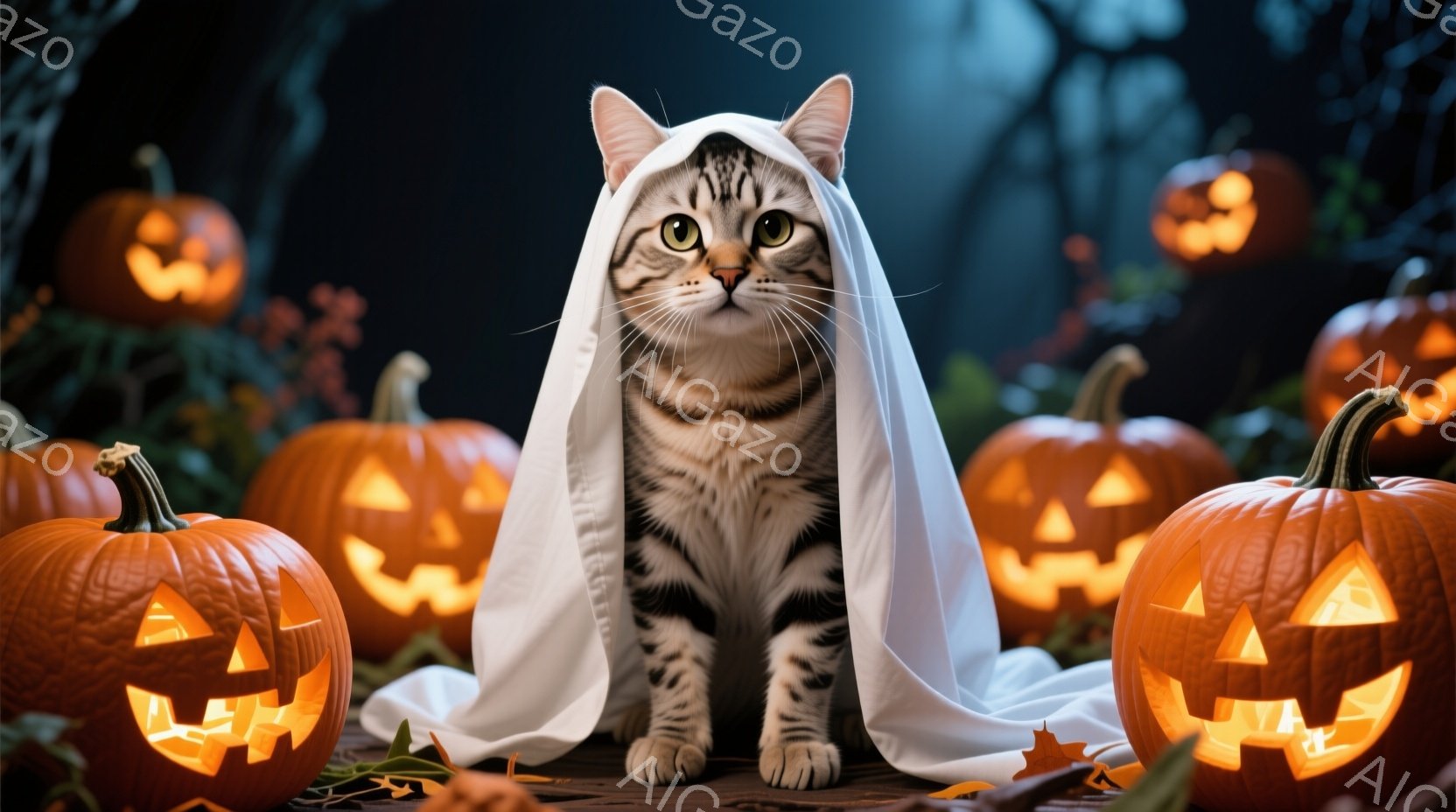 白い布を身にまとい、まるで幽霊のような姿をした縞模様の猫が中央に座っています。周囲にはジャック・オ・ランタンが並び、ハロウィーンの雰囲気を盛り上げています。背景は暗く、落ち葉が散らばっており、不気味で - AI生成フリー素材