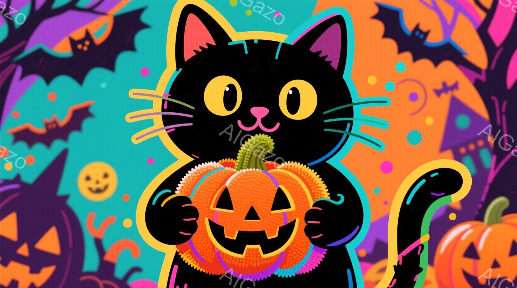 黒い猫がオレンジ色のジャック・オ・ランタンを抱えています。猫は大きく丸い目と、にっこりとした表情で、右足を持ち上げています。背景は紫、オレンジ、ピンクの色鮮やかなハロウィーンの装飾で埋め尽くされ、お祭 - AI生成フリー素材