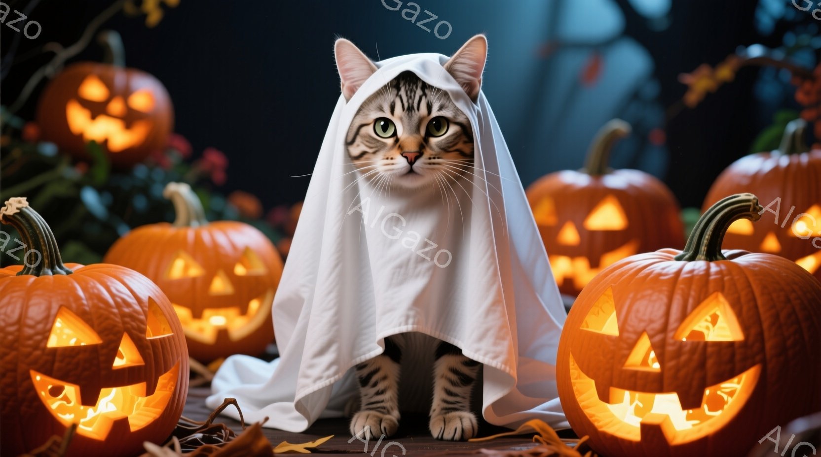 白い衣装をまとい、ハロウィーンの仮装をしている猫が、彫刻されたジャック・オ・ランタンに囲まれて座っています。猫は少し警戒した表情で正面を見つめ、その姿は可愛らしくもちょっぴりユーモラスです。背景には、 - AI生成フリー素材