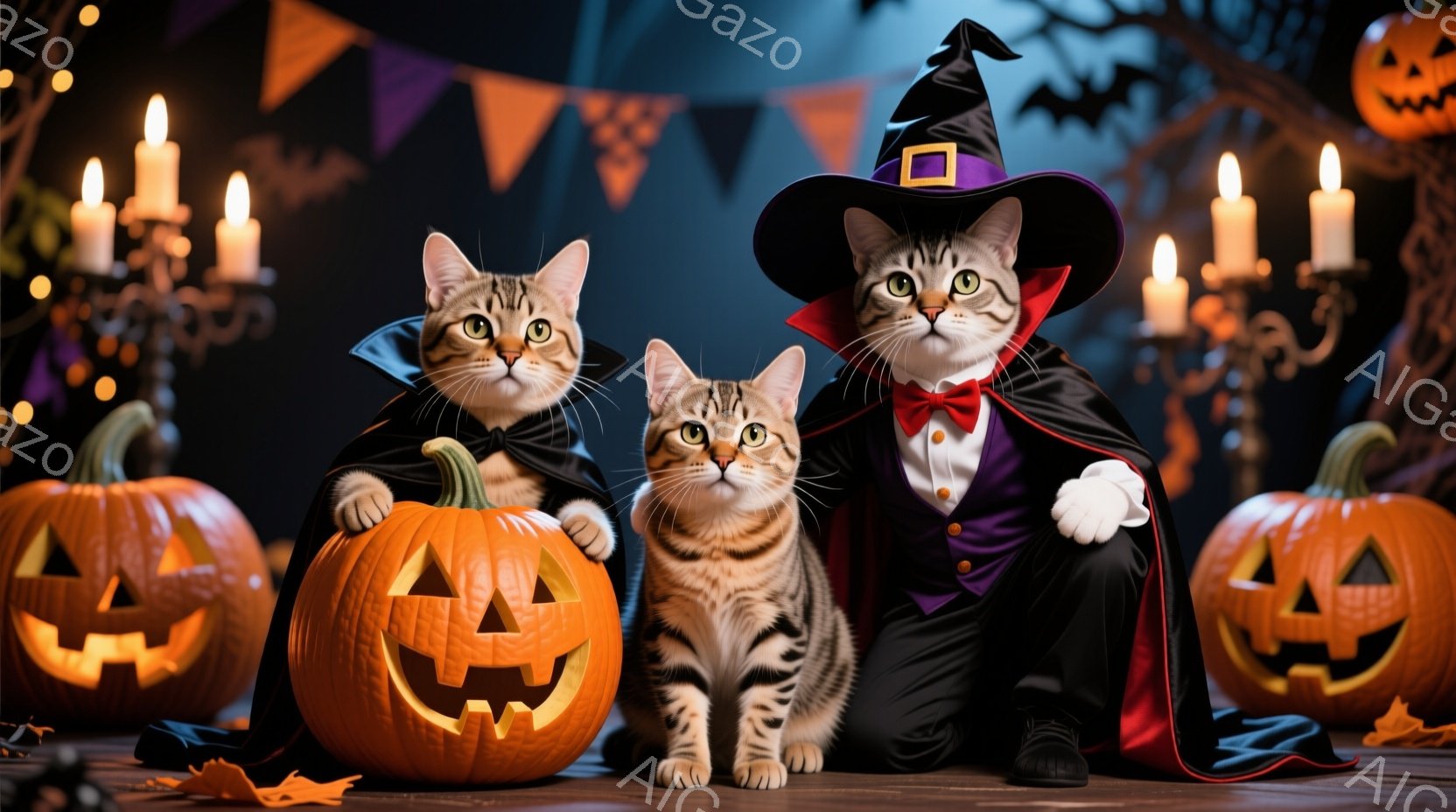 ハロウィーンをテーマにした猫たちの写真です。中央の猫はタキシードと赤い蝶ネクタイ、そして魔女帽子をかぶり、両側の猫はハロウィーンの衣装を身に着けています。背景にはジャック・オー・ランタンとキャンドルが - AI生成フリー素材