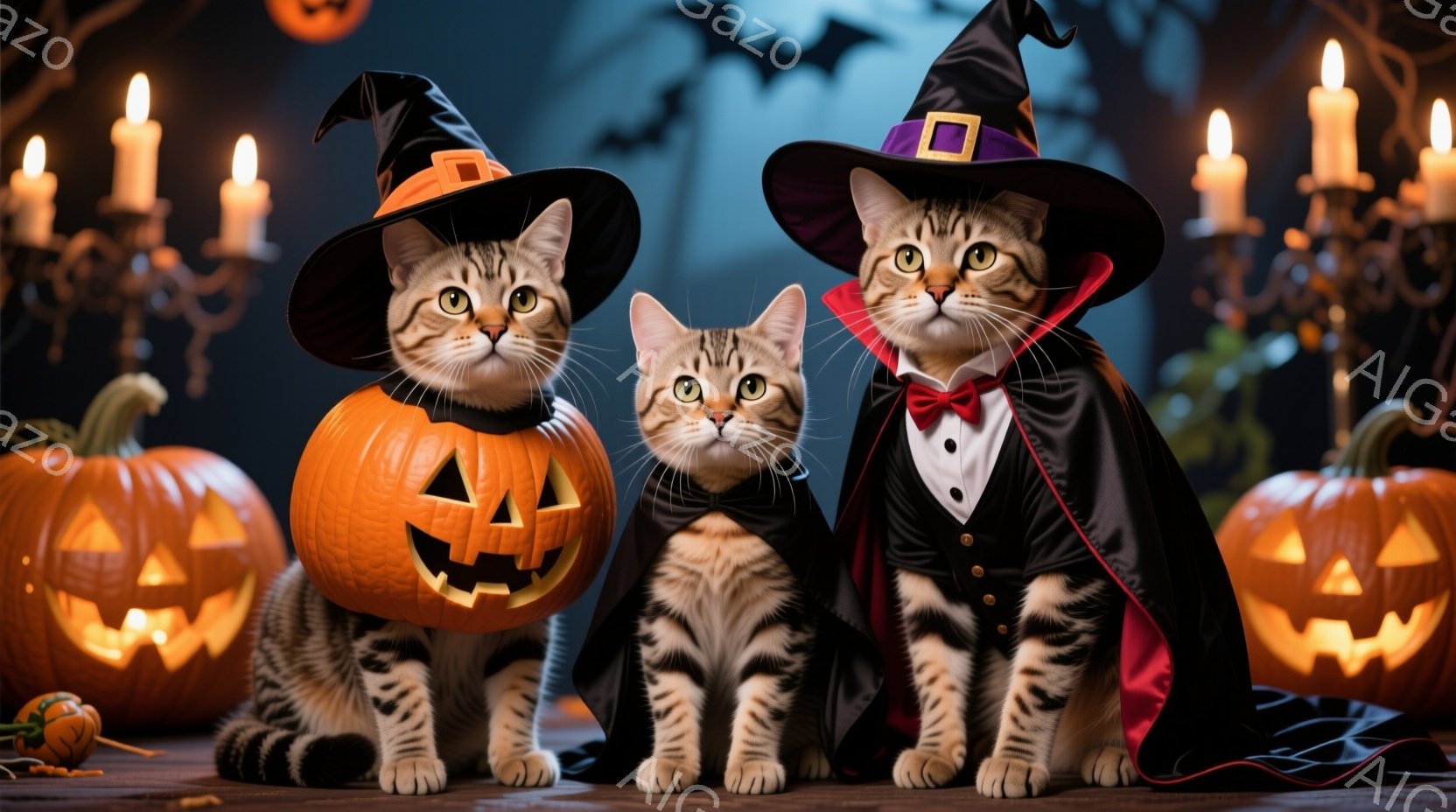 三匹の猫がハロウィーンの装いで正面を向いています。左の猫は魔女の帽子を被り、カボチャのランタンの隣に座っています。中央の猫は黒いスーツと赤い蝶ネクタイを着ており、右の猫は吸血鬼風の黒いケープと帽子を被 - AI生成フリー素材