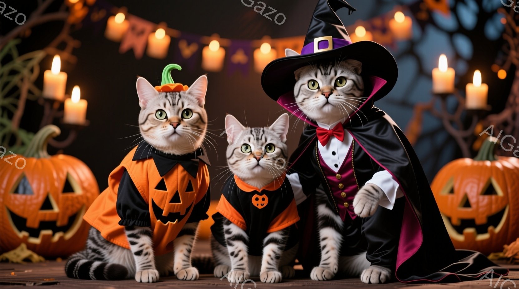 三匹の猫がハロウィーンの衣装を着て並んで座っています。左の猫はカボチャの衣装、中央の猫は黒い背景に白いドット模様の衣装、そして右の猫は魔女の衣装と帽子を身につけています。背景には、オレンジ色の光を放つジャック・オー・ランタンや、暗闇の中にぼんやりと見える枝、そしてちらつくキャンドルがあり、ハロウィーンらしい不気味で楽しい雰囲気を醸し出しています。