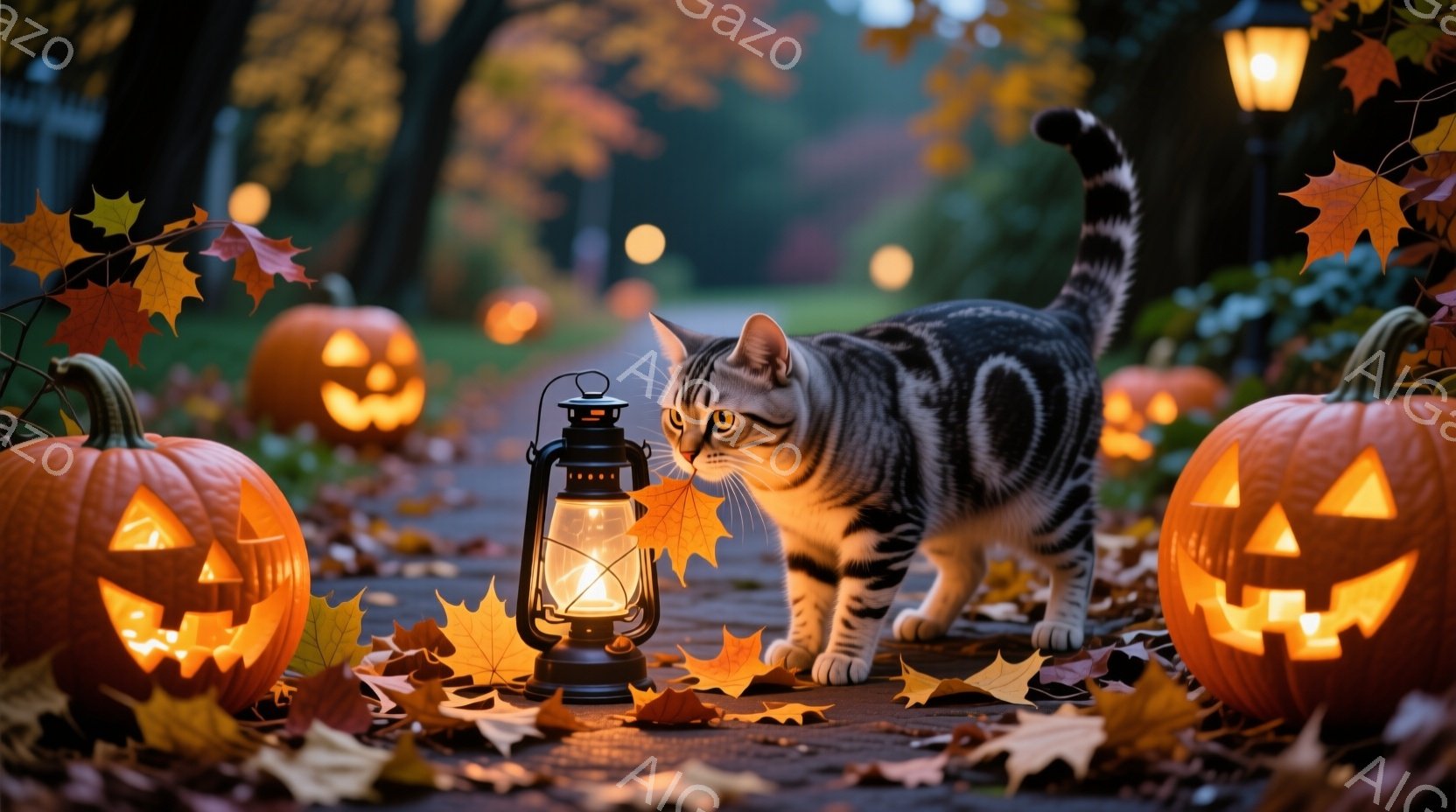 舗装された道の上に、ハロウィーンのランタンと彫刻が施されたカボチャが並び、落ち葉が散らばっています。縞模様の猫が好奇心旺盛な表情で前方をじっと見つめ、少し身構えたポーズをとっています。背景にはぼやけた木々が見え、オレンジ色の光が秋の夜の幻想的な雰囲気を醸し出しています。