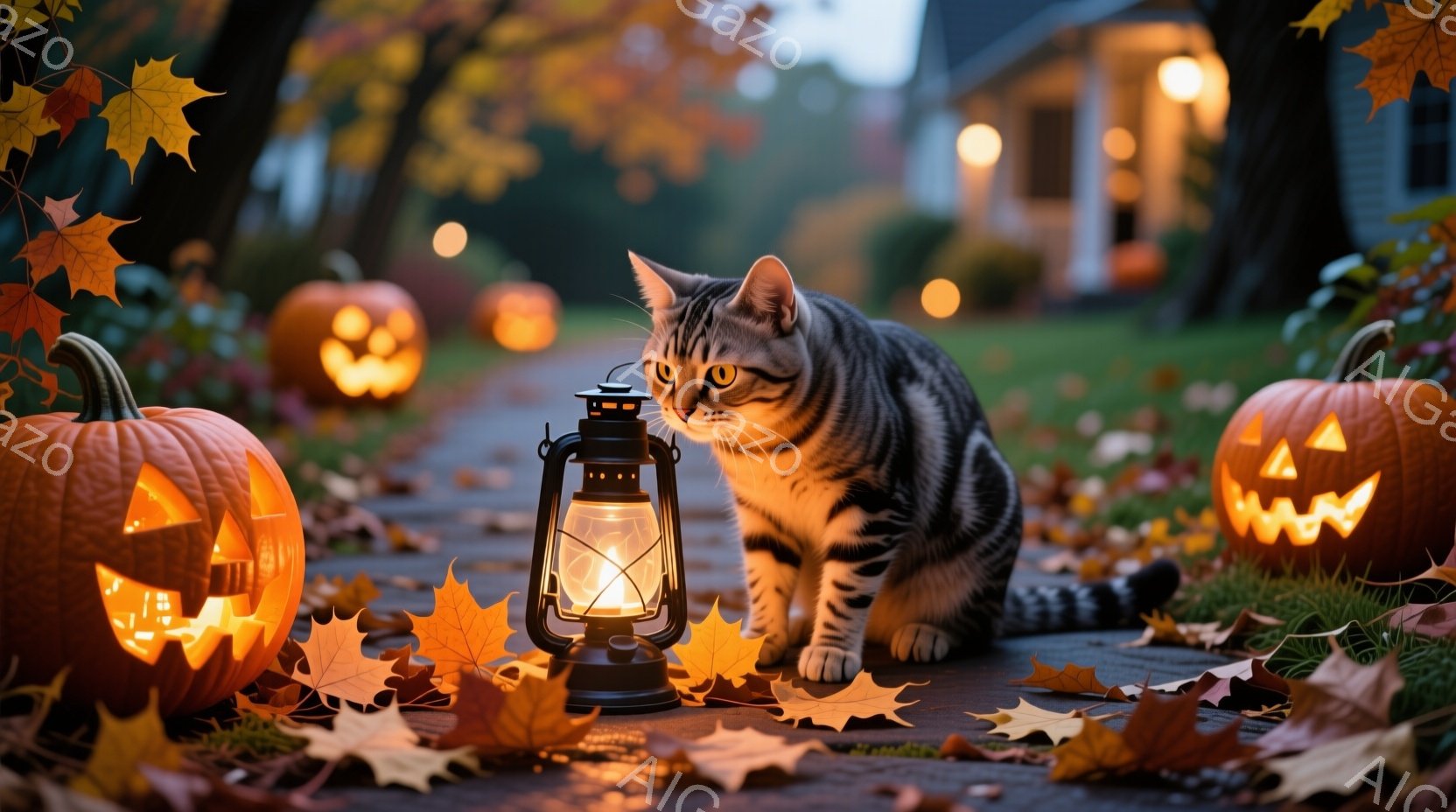 庭の遊歩道に、ハロウィーンの飾りが並び、光るカボチャと古いランプが秋の夜を照らしています。縞模様の猫がランプの近くに座り、好奇心と少しの警戒心を持って正面を見つめています。背景にはぼやけた家が見え、落ち葉が舞い散る薄暗い夜の雰囲気は、温かく幻想的なハロウィーンの夜を表しています。