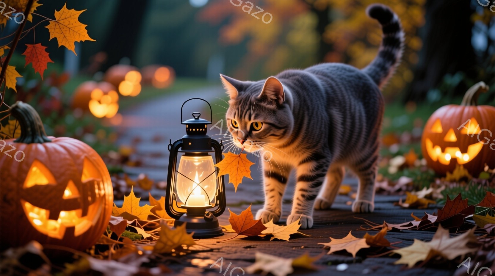 庭の小道に、切り株のような模様が彫られたハロウィンのカボチャが並び、落ち葉が散らばっている中、灰色に縞模様の猫が慎重に歩いている。古い様式のランタンがカボチャの近くに置かれ、オレンジ色の光が周囲を照らしている。全体的に、秋の暖かい色調とハロウィンの雰囲気が漂う、幻想的で落ち着いた情景である。