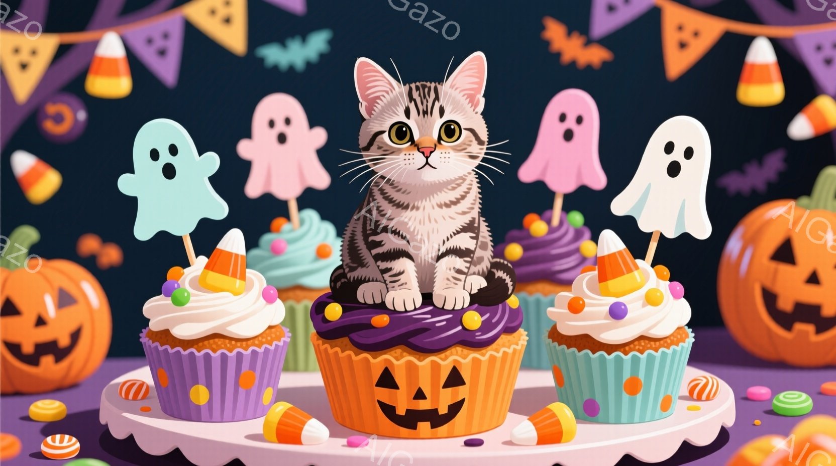 ハロウィーンをテーマにした可愛らしいイラストで、紫色のカップケーキの上に子猫が座っています。背景には、かぼちゃのランタン、お化けの飾り、キャンディコーンなどが配置され、お祭り気分を盛り上げています。全 - AI生成フリー素材