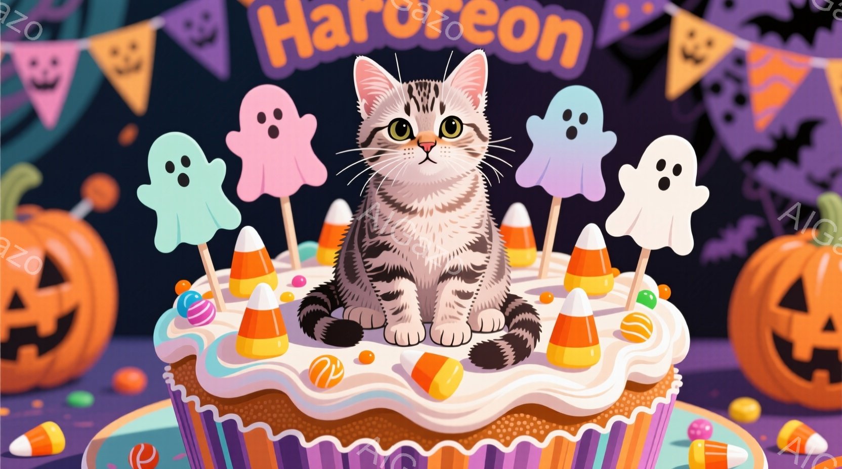 カートン飴玉で装飾されたハロウィンのケーキ上に座る、懐かしい表情を持つスパイクヒャリー猫。背景は真夜中のホログラフィックな様子で、コップやハロウィンの装飾が見られる。