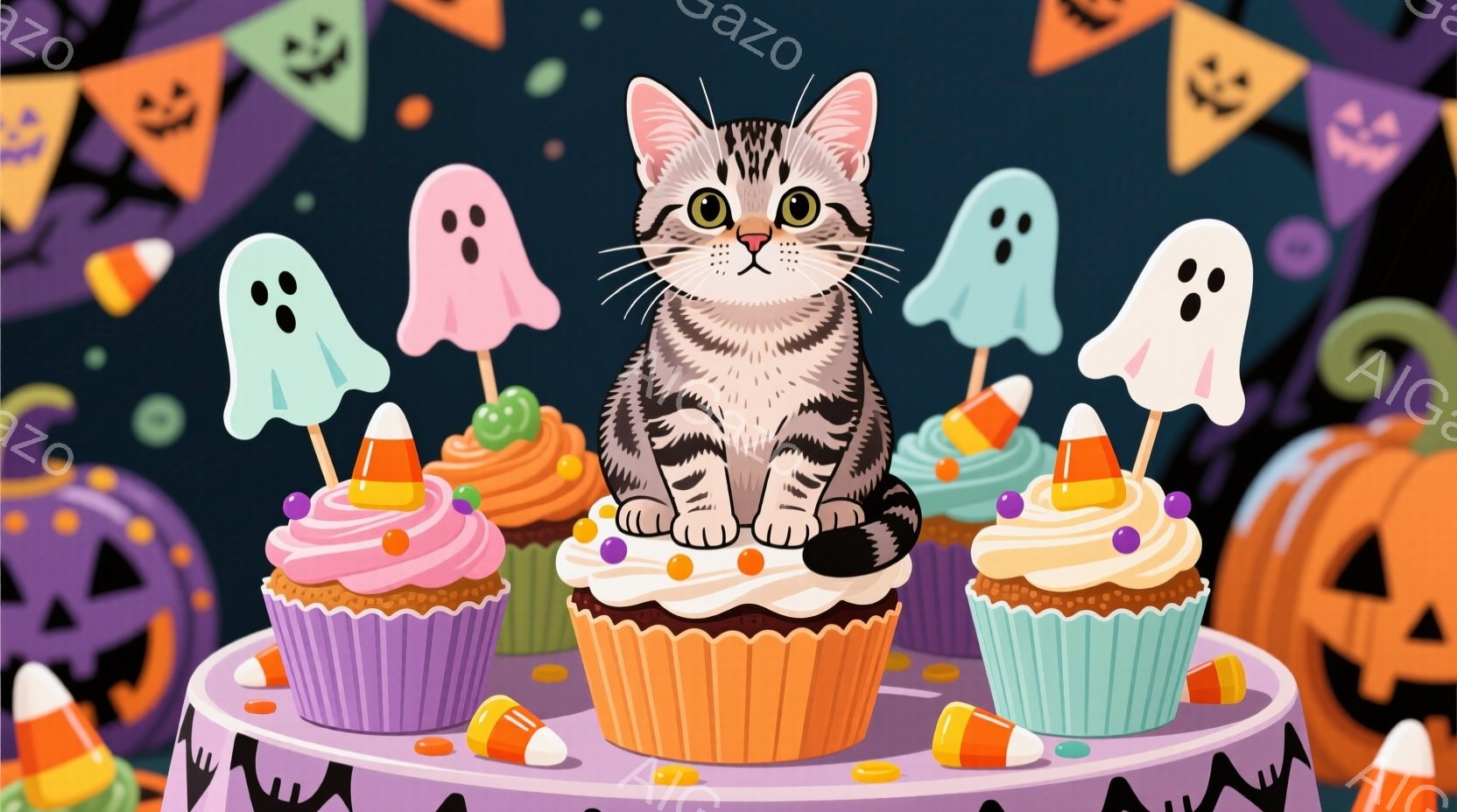 縞模様の猫が、ハロウィーンのカップケーキの上に座っています。背景には、カボチャのランタンやハロウィーンの飾り付けが散りばめられ、お化けの形をしたキャンディがカップケーキに刺さっています。全体的に、可愛 - AI生成フリー素材