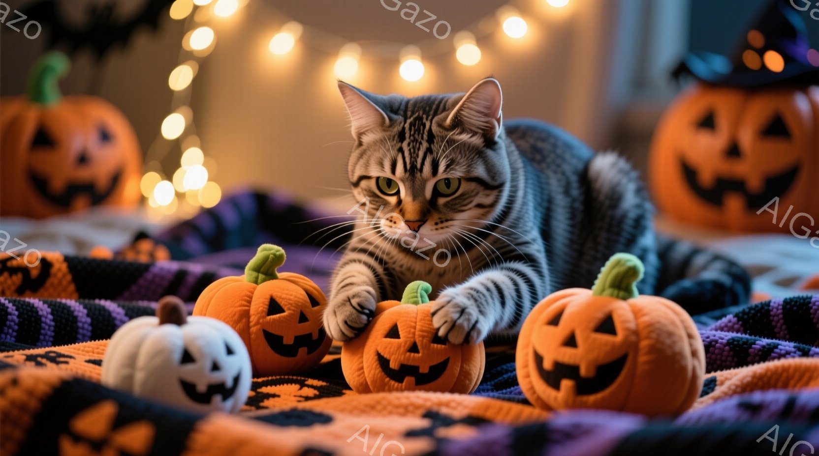 「お化け屋」をテーマとした場面を表しています。中心に座っている猫は、周囲に散らばった多くの「お化けパンプキン」（ハロウィンの飾り）に向かって注意を向けています。猫の表情は、注意深くであり、身体は直立しているように見えます。背景は、暗く点光が飛び交うホール型の照明があり、床上にパンプキンが置かれており、全体としてスポックやお化けの雰囲気を伝えます。
