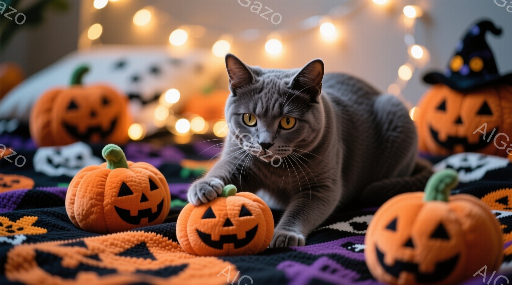 猫は黄色の目を持ち、その姿勢はよく休んでいるとしか言えない。床に散らばったハロウィンのイーグルが隠れている。背景は普通の部屋のようだが、詳細は不明。 温かみと楽しさが感じられる印象です。