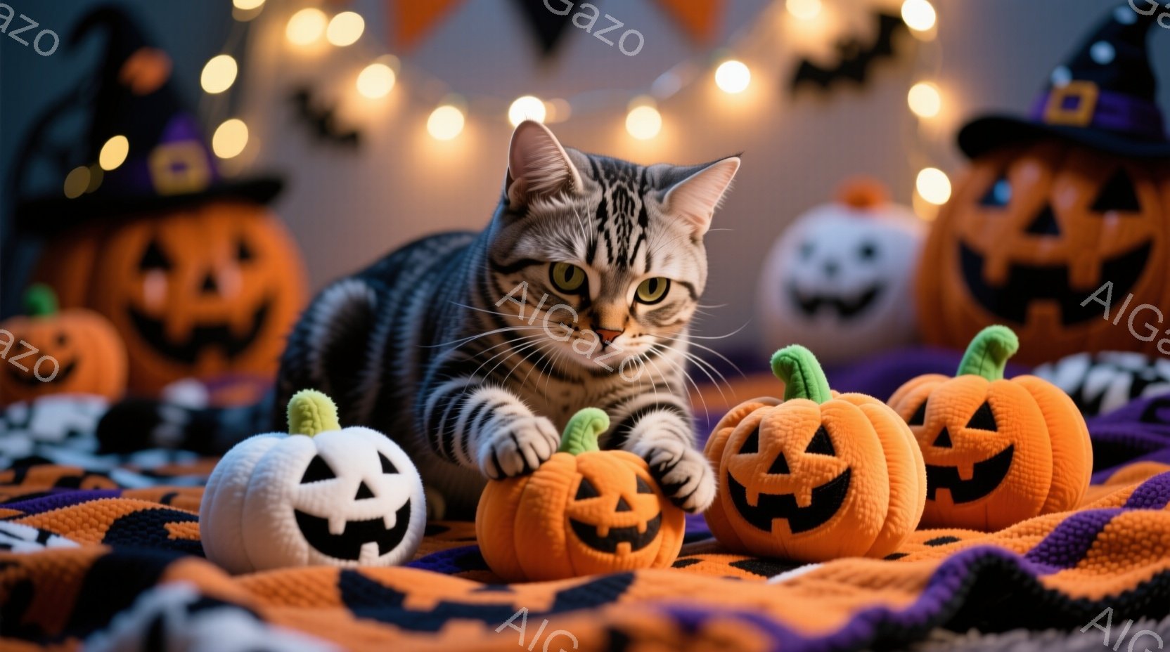 縞模様の猫がハロウィーンの小道具であるカボチャのぬいぐるみたちの中に横たわっています。猫は前足を伸ばし、カボチャに触れようとしています。背景には、さらに多くのカボチャのぬいぐるみや紫とオレンジの布、そ - AI生成フリー素材