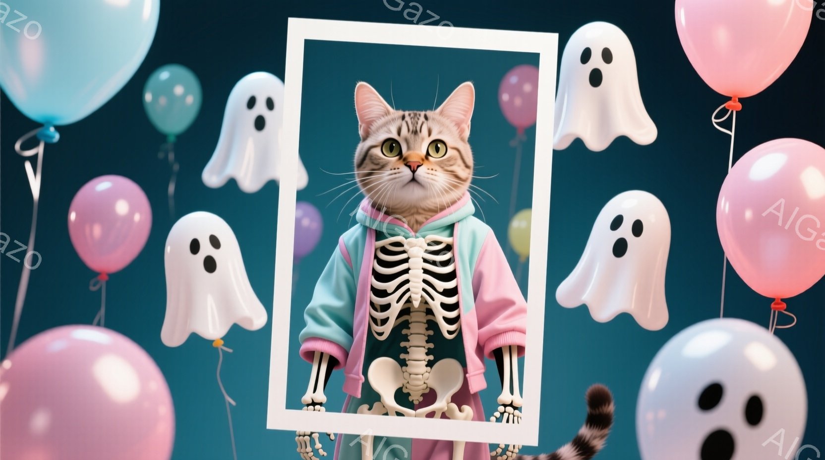 白い背景に、ハロウィーンの装飾が浮かぶ中に、骨柄のパーカーを着た猫が描かれている。猫は正面を見据え、少し驚いたような表情で、尻尾をピンと立てて立っている。ピンクと水色の風船、そして白い幽霊が猫の周りを飾り、お祝いムードを演出している。