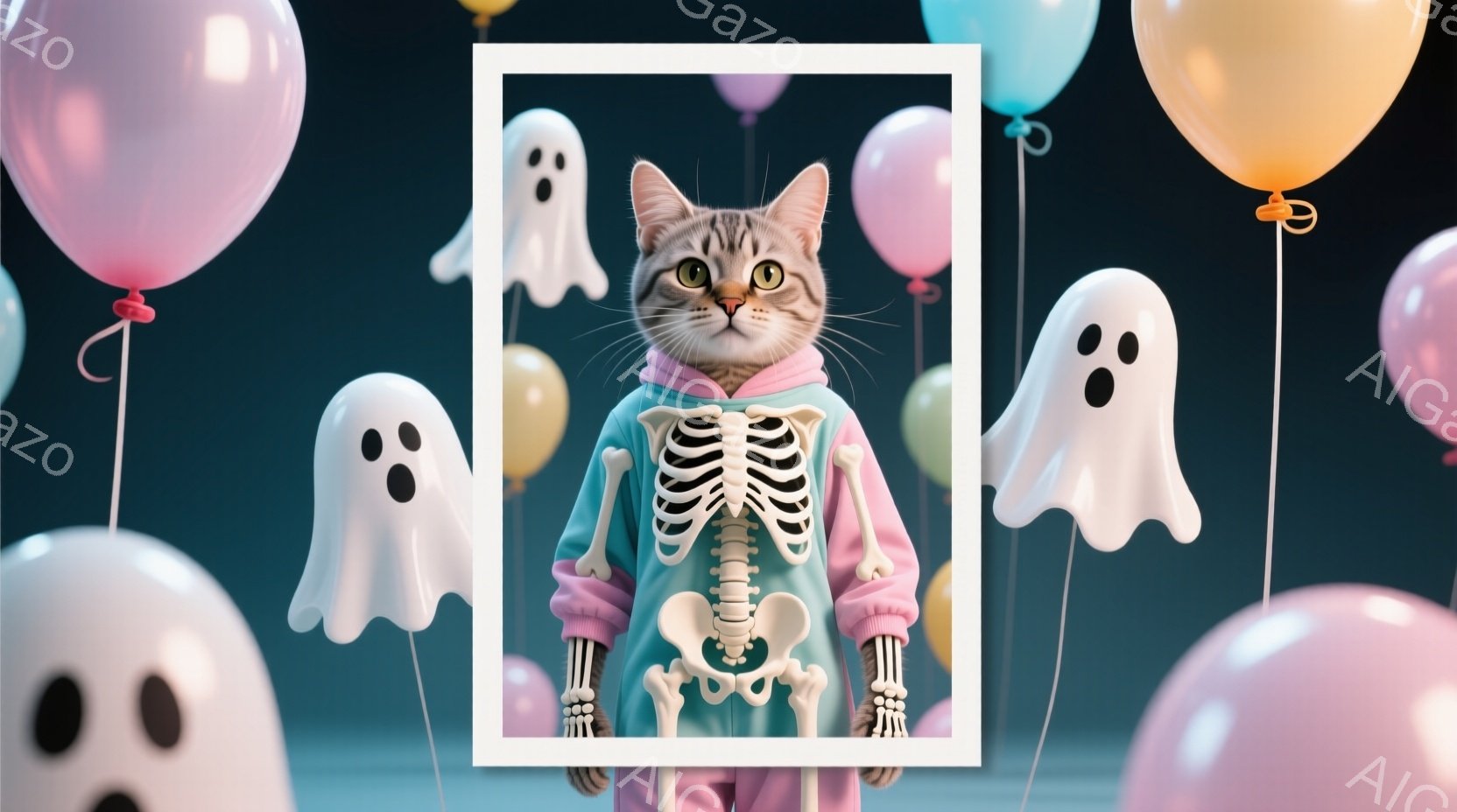 白いフレームの中に、骸骨柄のパーカーを着た猫が立っています。猫はピンク色のズボンを履き、少し驚いたような表情をしています。背景には、パステルカラーの風船と幽霊が浮かび、ハロウィーンのような楽しい雰囲気が漂っています。