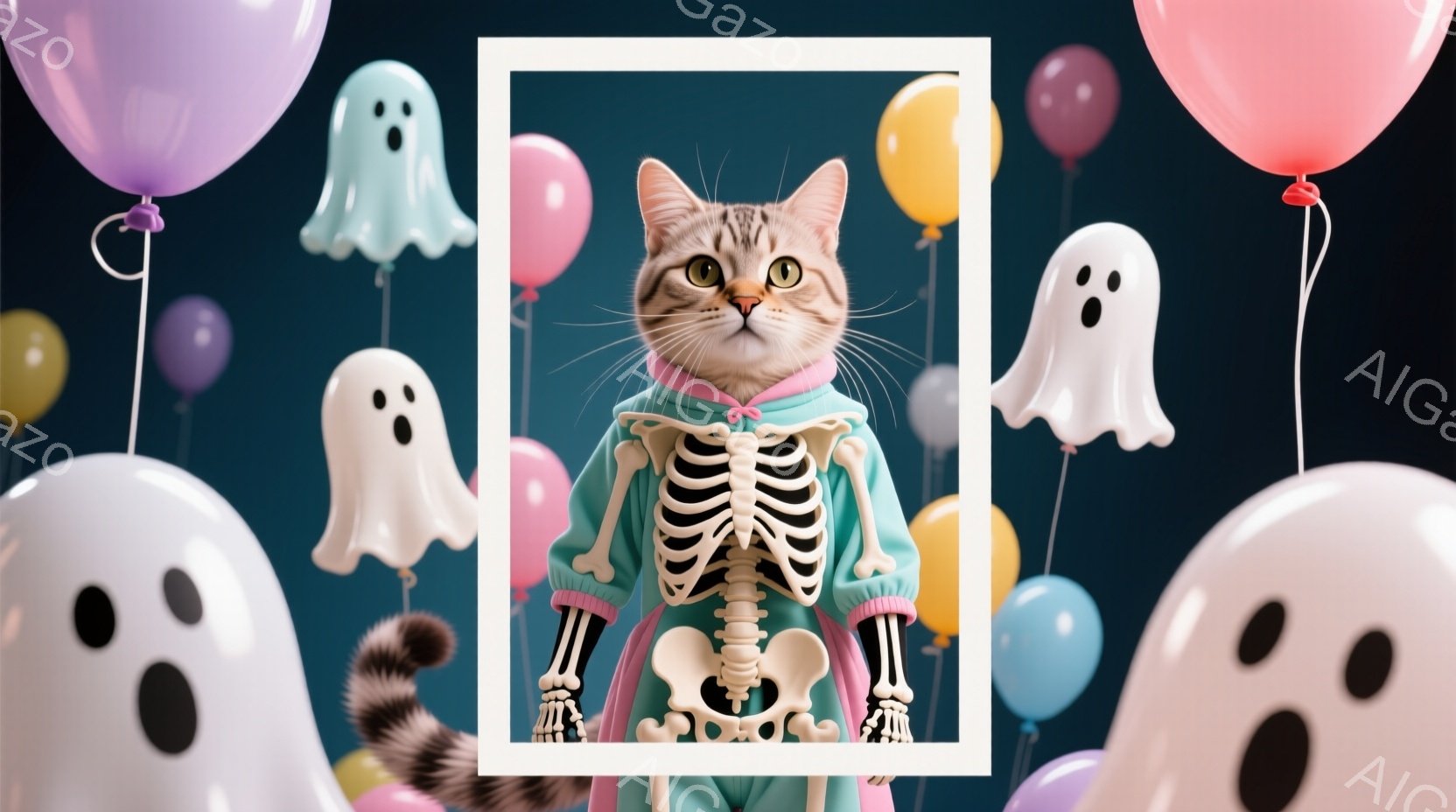 白い縁取りのフレームの中に、ハロウィーンの衣装を着た猫が立っています。猫は緑色のジャンプスーツに骨格のプリントが施され、ピンク色のマントを羽織り、少し驚いたような表情をしています。背景には、青や紫の風船と、白いお化けが浮かび、お祝いムードを演出しています。
