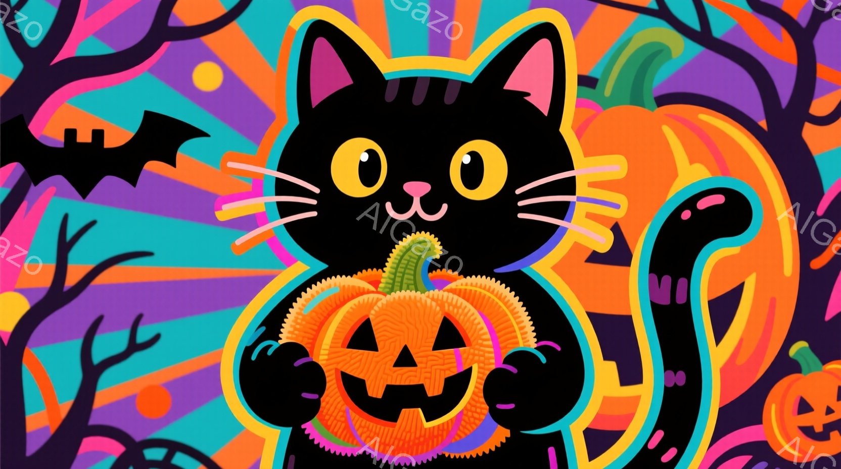 黒猫がオレンジ色のジャック・オー・ランタンを抱きしめています。背景は紫、オレンジ、ピンク、緑のストライプで、ハロウィーンらしい装飾が散りばめられています。全体的に明るく陽気な雰囲気で、ハロウィーンのお - AI生成フリー素材