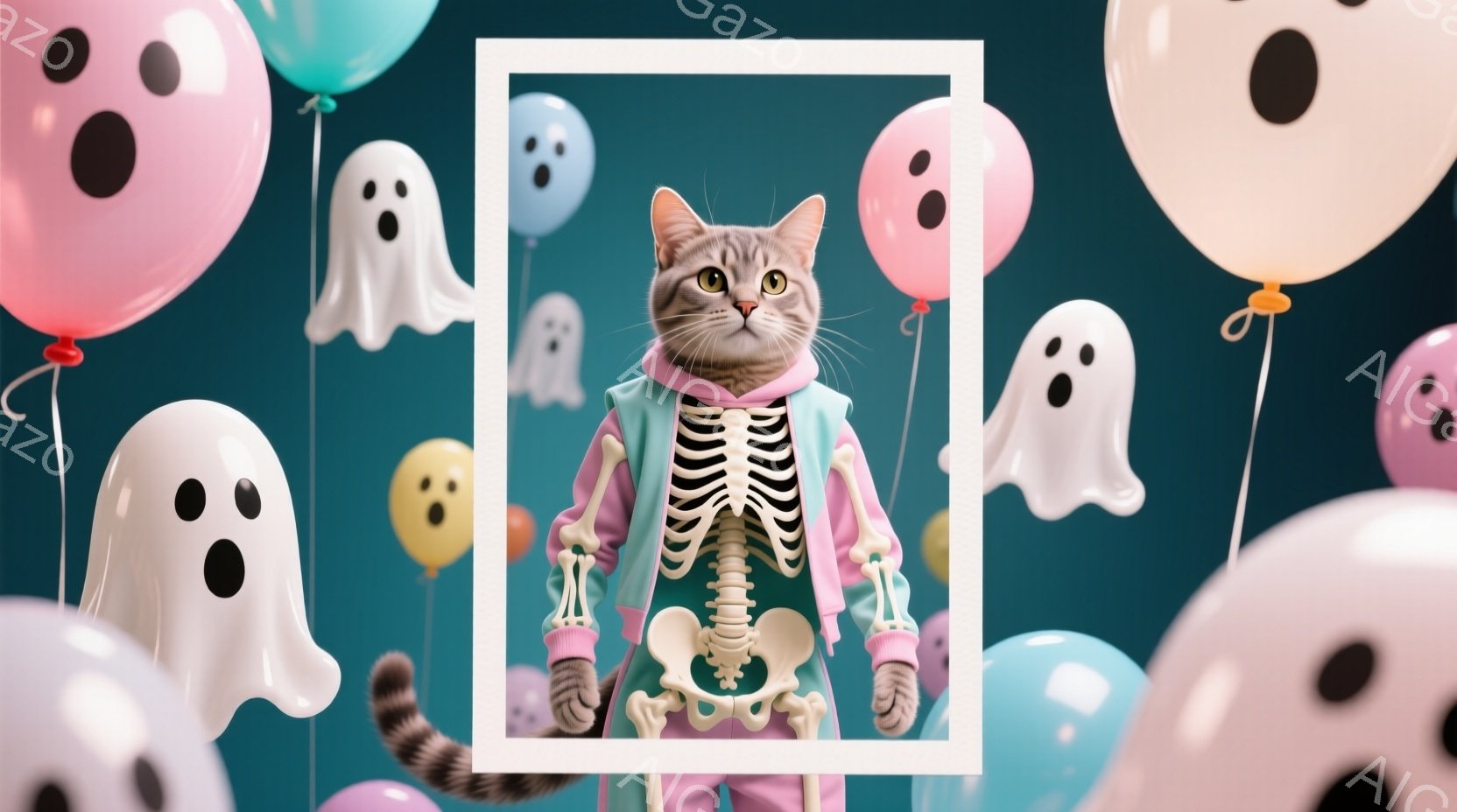 白い背景に、ハロウィーンをテーマにしたイラストが描かれている。灰色の縞模様の猫が、ピンクと薄紫色のスケルトン柄のジャンプスーツを着て、少し驚いたような表情で正面を見ている。背景には、様々な色の幽霊のバルーンが浮かび、お祝いムードを演出している。