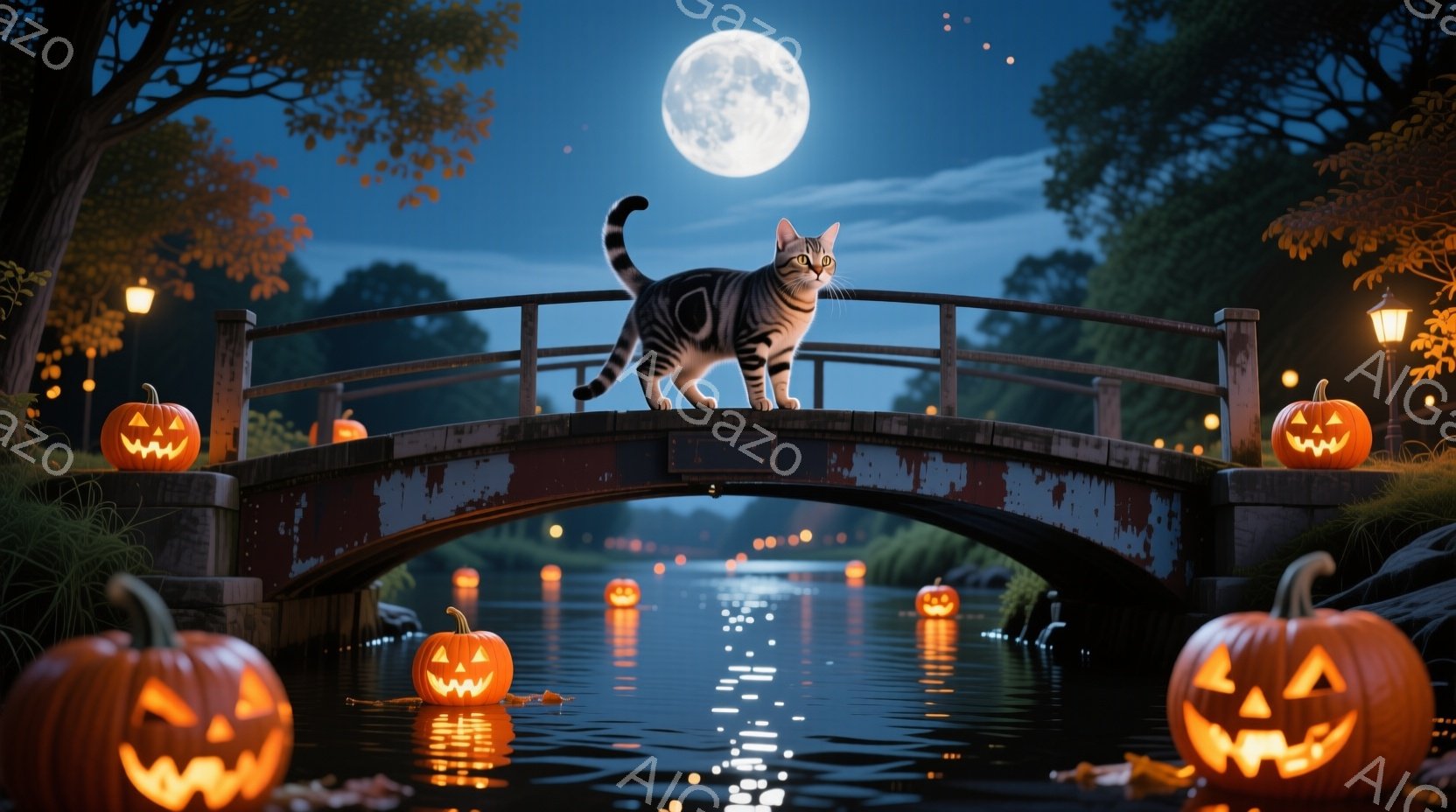 満月の夜、アーチ型の橋の上に縞模様の猫が堂々と立っている。橋の下の池にはジャック・オー・ランタンが浮かび、周囲の木々はハロウィーンらしいオレンジ色と暗闇で彩られている。全体的に幻想的で少し不気味な、ハ - AI生成フリー素材