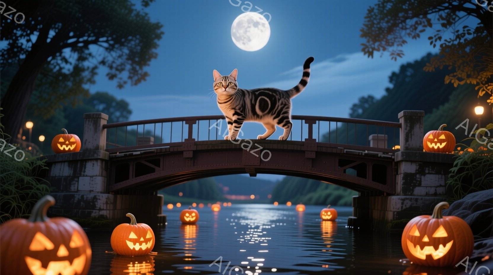 タイガースタンクと鏡のついた橋の上で、三色の毛を持つ猫が座っている。月が見える夜の景色であり、ハロウィンの季節に訪れた場所の雰囲気は、ゆっくりとしたもので、幽玄な懐かしさが感じられる。