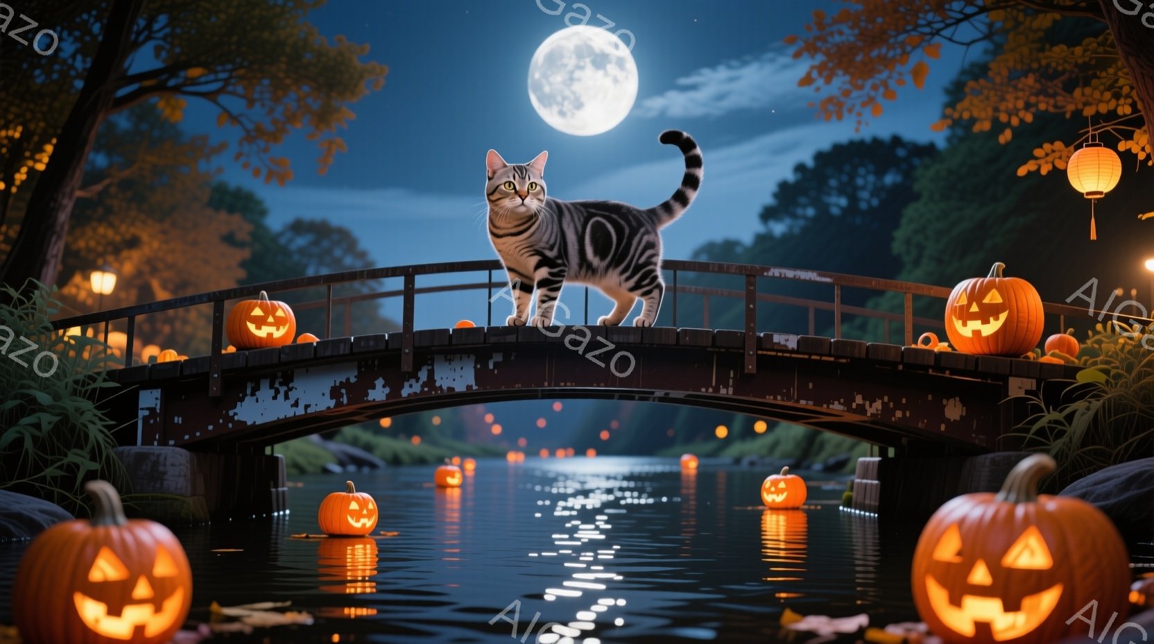 橋の上には灰色の縞模様の猫が凛々と立っており、尾はまっすぐに伸びています。周囲にはハロウィーンの装飾であるジャック・オー・ランタンが浮かび、水面に反射して幻想的な光景を作り出しています。背景には暗い木 - AI生成フリー素材