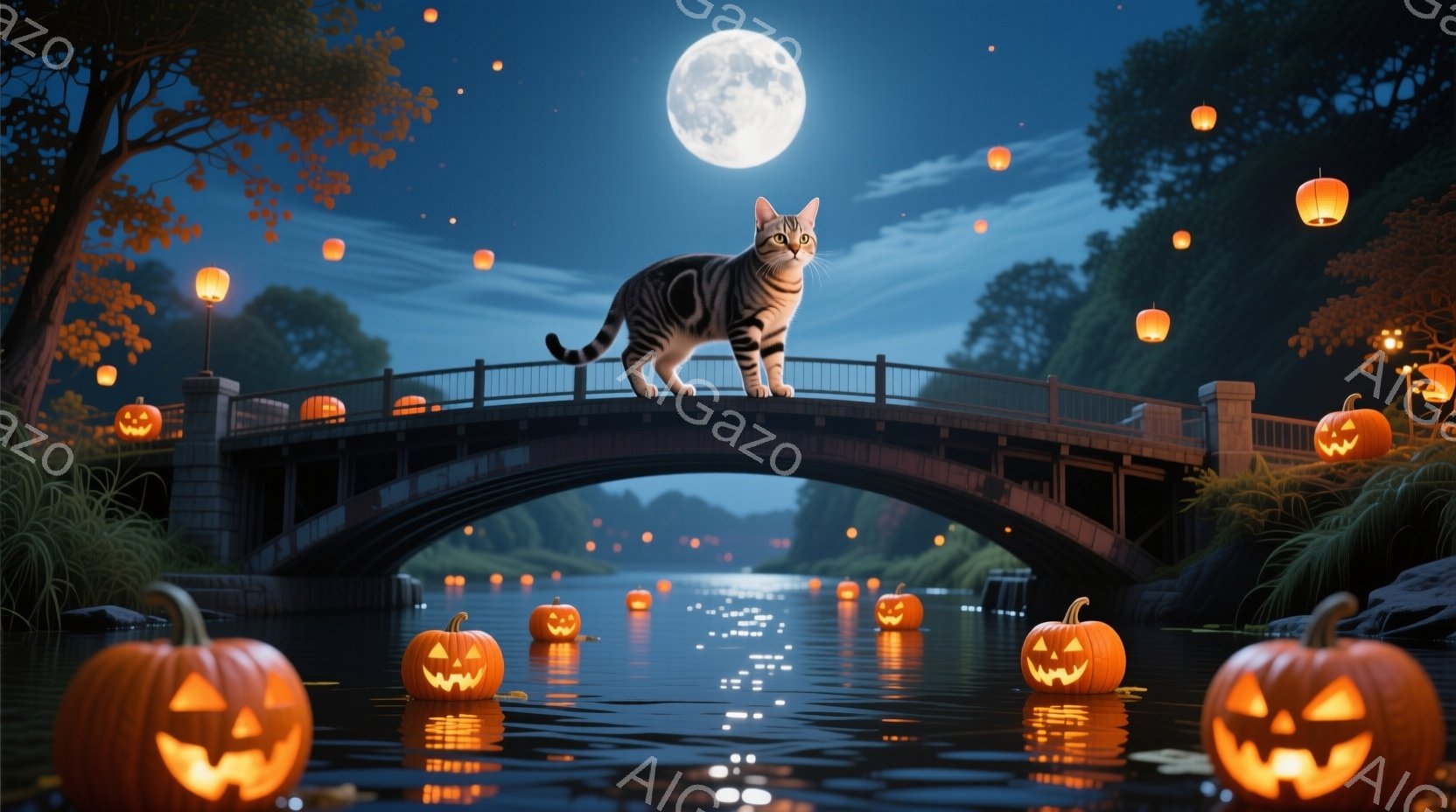 アーチ型の橋の上には、縞模様の猫が堂々と立っている。橋の下の川には、ハロウィーンのランタンとして使われた様々な大きさのジャック・オ・ランタンが浮かび、月明かりとオレンジ色の光が水面に反射している。背景 - AI生成フリー素材
