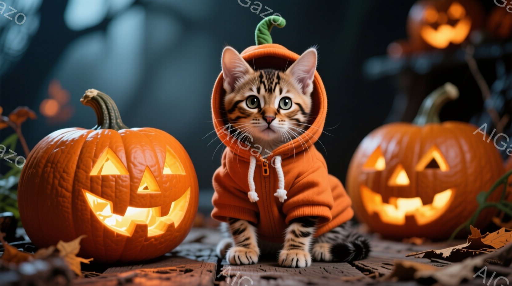 小さな縞模様の猫が、ハロウィーンのジャック・オー・ランタンを模したオレンジ色のパーカーを着ています。猫は正面を見つめ、少し緊張した表情で座っており、周囲には光を灯したジャック・オー・ランタンと落ち葉が散らばっています。 全体的に、ハロウィーンらしい温かく、少し不気味な雰囲気が漂っています。