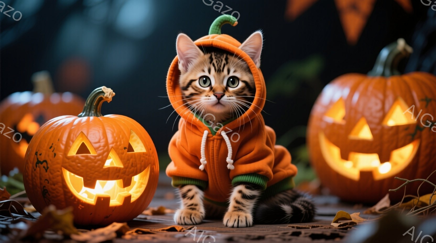 小さなトラ猫がハロウィーンの衣装であるオレンジ色のカボチャのパーカーを着て、前に座っています。猫は大きな緑色の目をしており、興味津々とした表情でカメラを見つめています。背景には、明るく照らされたカボチ - AI生成フリー素材