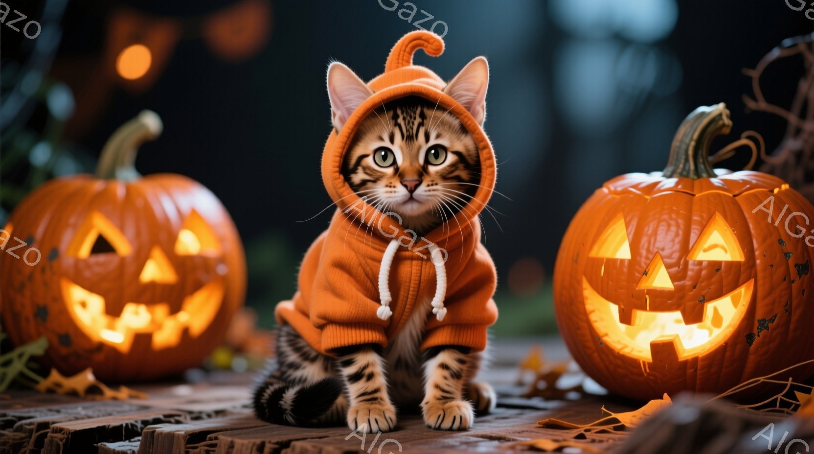 明るいオレンジ色のハロウィン風パーカーを着た、縞模様の小さな猫が座っています。猫は前足を揃え、まっすぐ前を見て少し驚いたような表情をしています。背景には、彫刻が施された光るカボチャがいくつか置かれ、落 - AI生成フリー素材