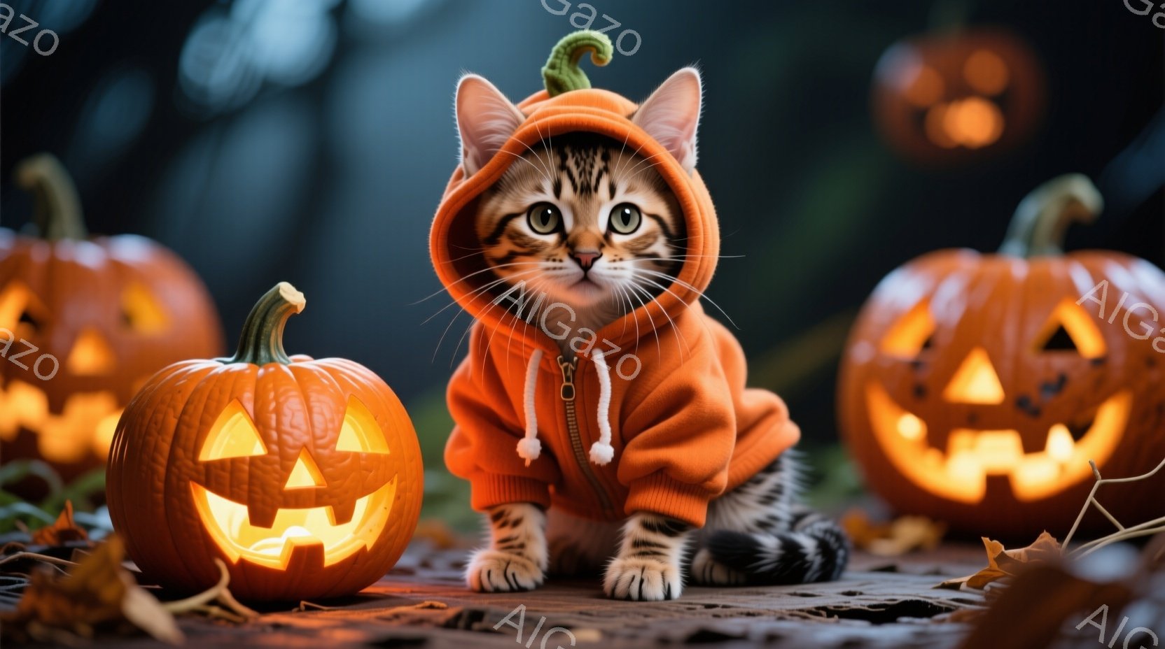 縞模様の小さな子猫が、ハロウィンのカボチャ色のパーカーを着て座っています。その表情は好奇心と少しの戸惑いが混ざったようで、大きな瞳が印象的です。周囲にはジャック・オ・ランタンが置かれ、落ち葉が散らばる - AI生成フリー素材