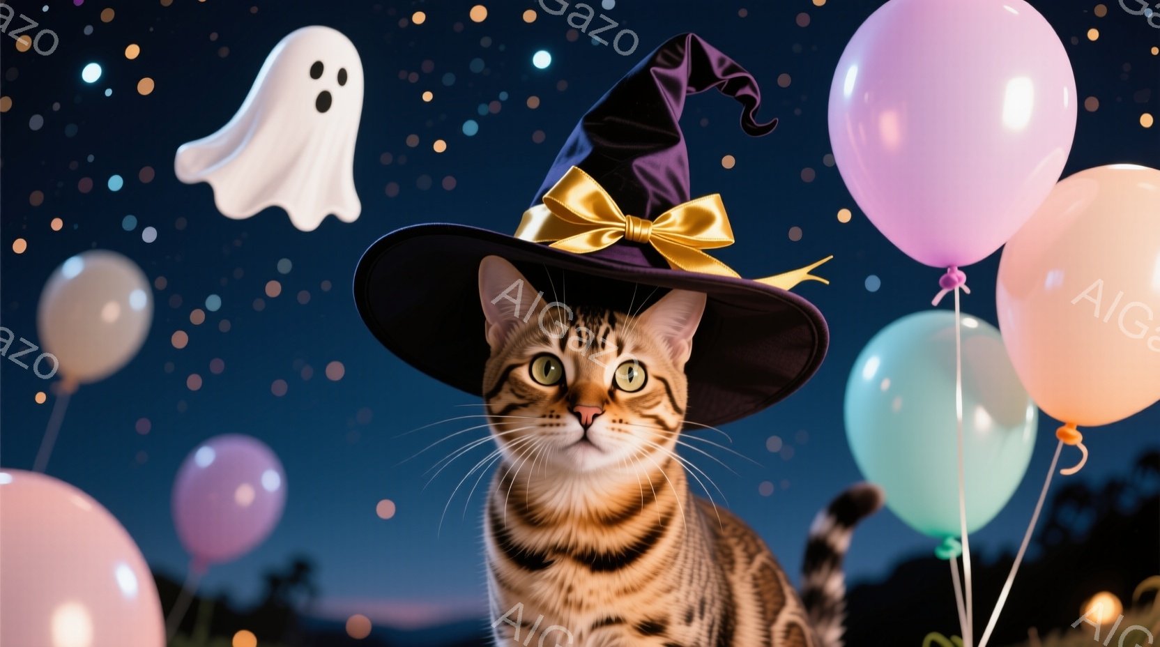 茶色の縞模様の猫が、ハロウィーンの帽子をかぶって正面を見つめています。背景には、パステルカラーの風船と、夜空に浮かぶ可愛らしい幽霊が描かれており、全体的に明るく楽しい雰囲気です。緑色の草むらと夜空には - AI生成フリー素材